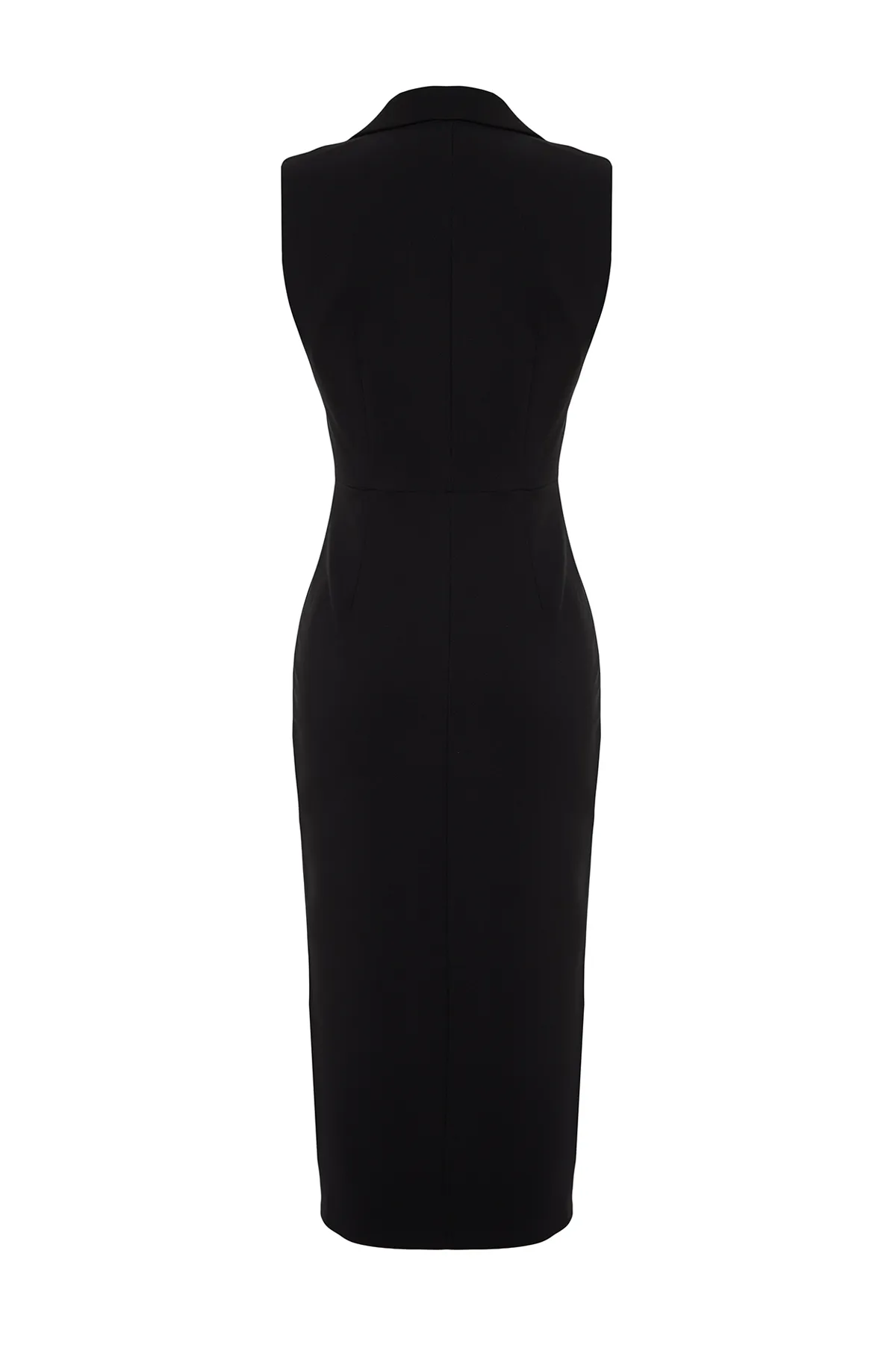 Trendyol Collection  Schwarzes, körperbetontes, ärmelloses Midi-Webkleid mit Knopfdetail und zweireihigem Kragen TWOSS24EL00616