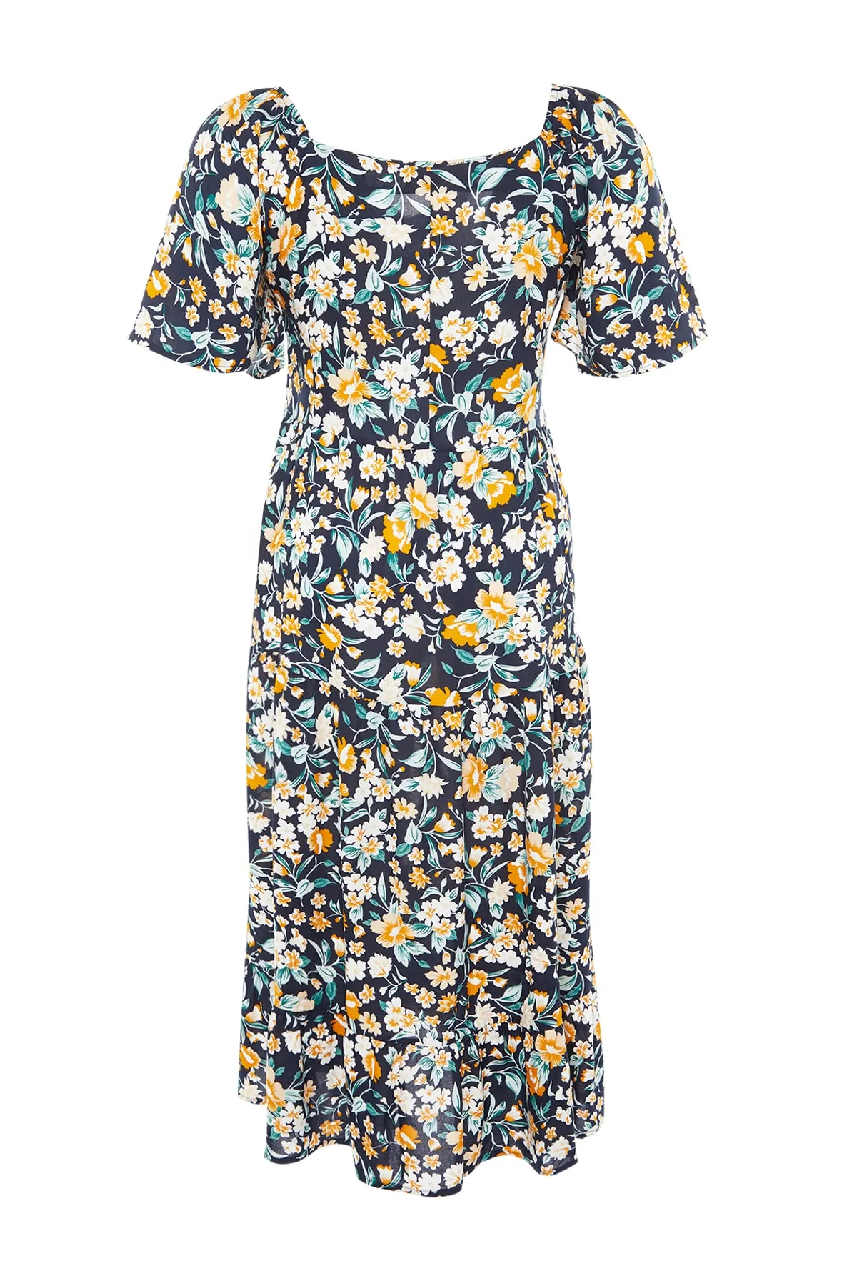 Trendyol Curve  Marineblaues Kleid mit floralem Muster und gewebten Rüschendetails TBBSS22EL1600