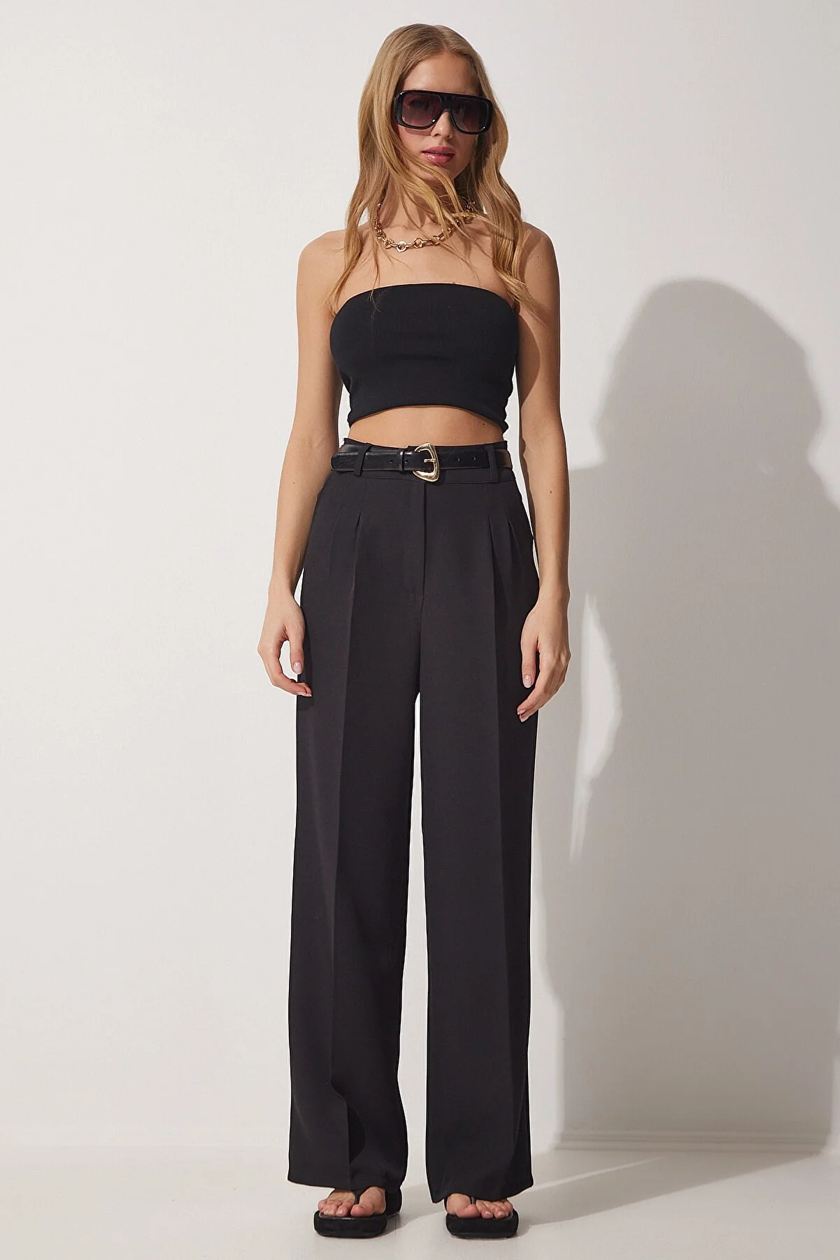 Happiness İstanbul  Schwarze, maskuline Webhose mit weitem Bein für Damen HG00001