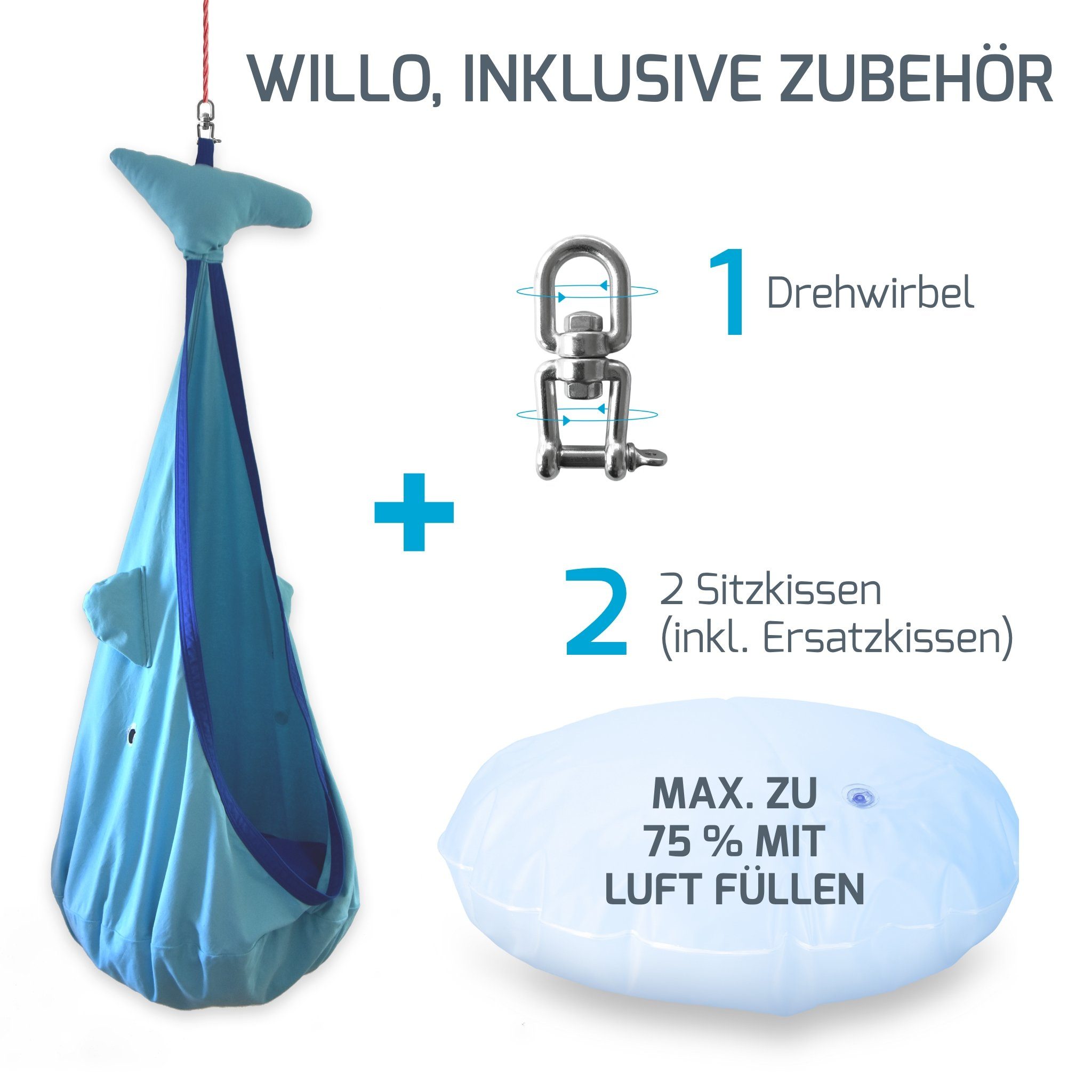 snuutje Familiensachen Hängehöhle Hängesessel für Kinderzimmer indoor (2 Sitzkissen), Hängehöhle ab 3 Jahre, Wal, Pinguin, Einhorn, 100% Baumwolle, bis 80kg
