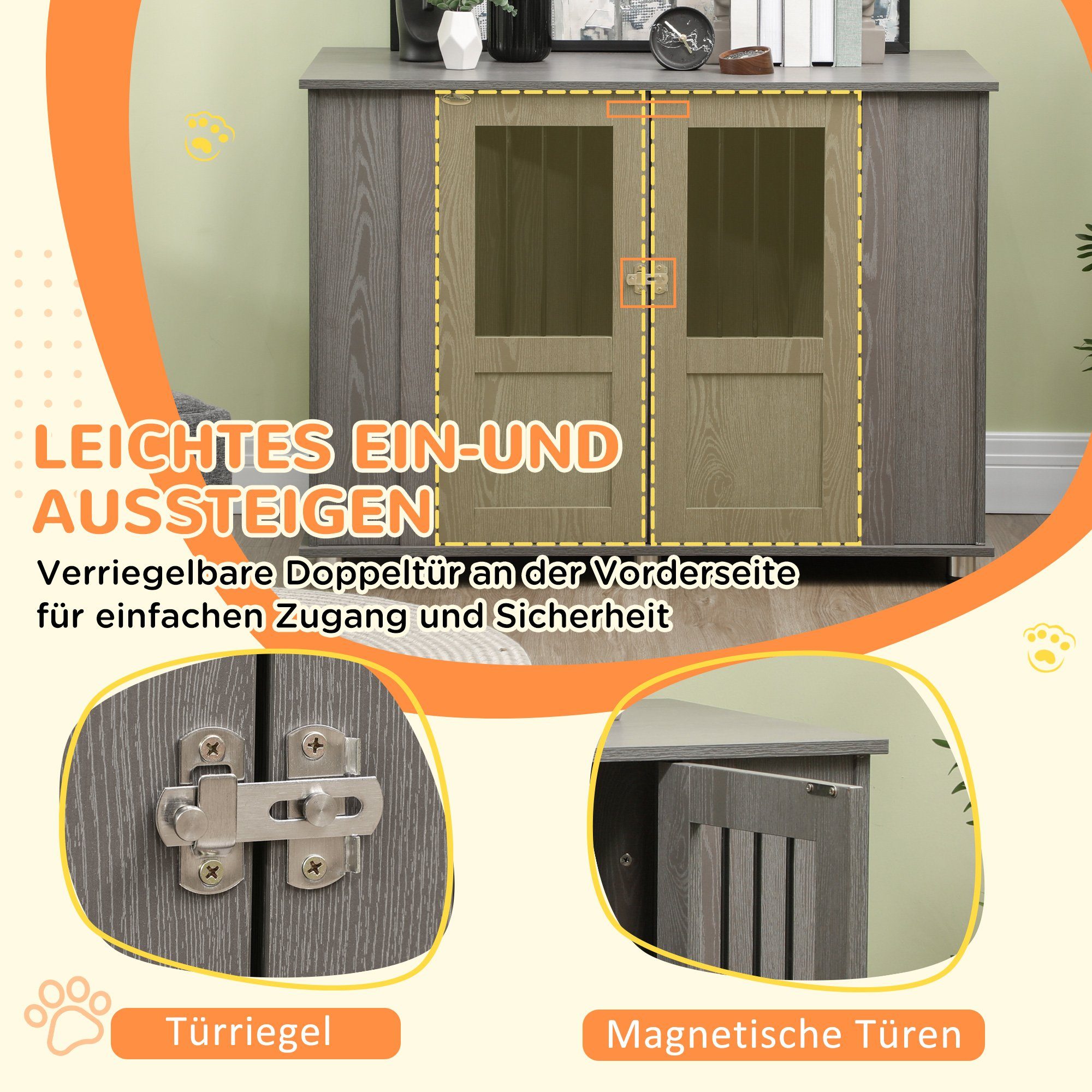 PawHut Hundehütte Haustierkäfig mit Schloss, Magnettür, Hundehaus mit Fenster, Grau, 116L x 60B x 87H cm