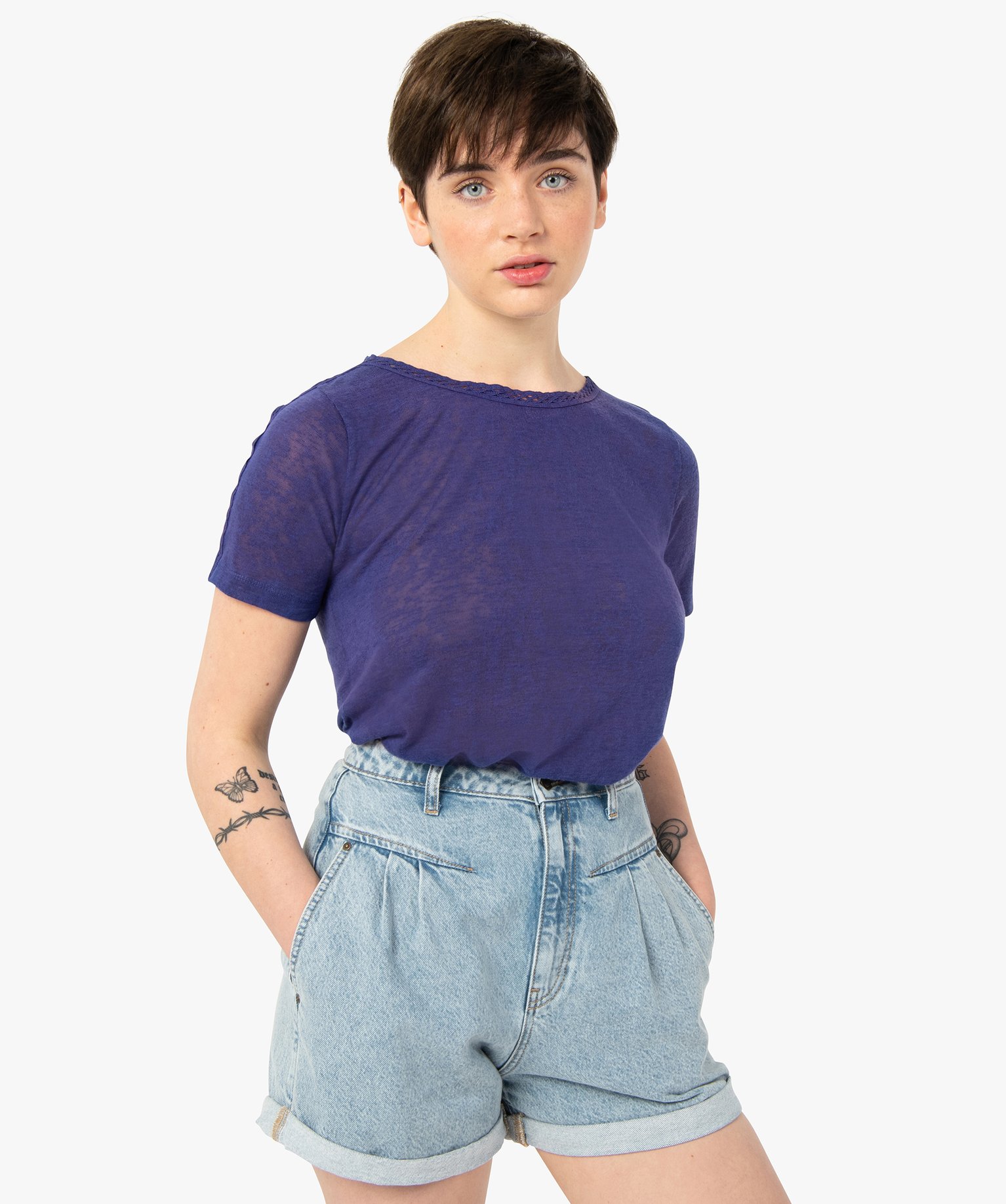 Tee-shirt femme à manches courtes en maille fine bleu fonce | GEMO