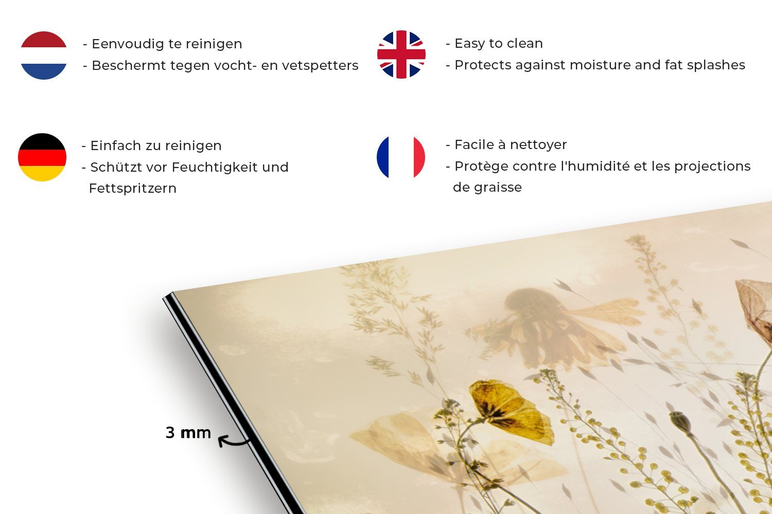 MuchoWow Küchenrückwand Illustration - Pflanzen - Insekten - Beige, (1-tlg), 60x30 cm, Wandschutz, gegen Fett und Schmutzflecken für Küchen