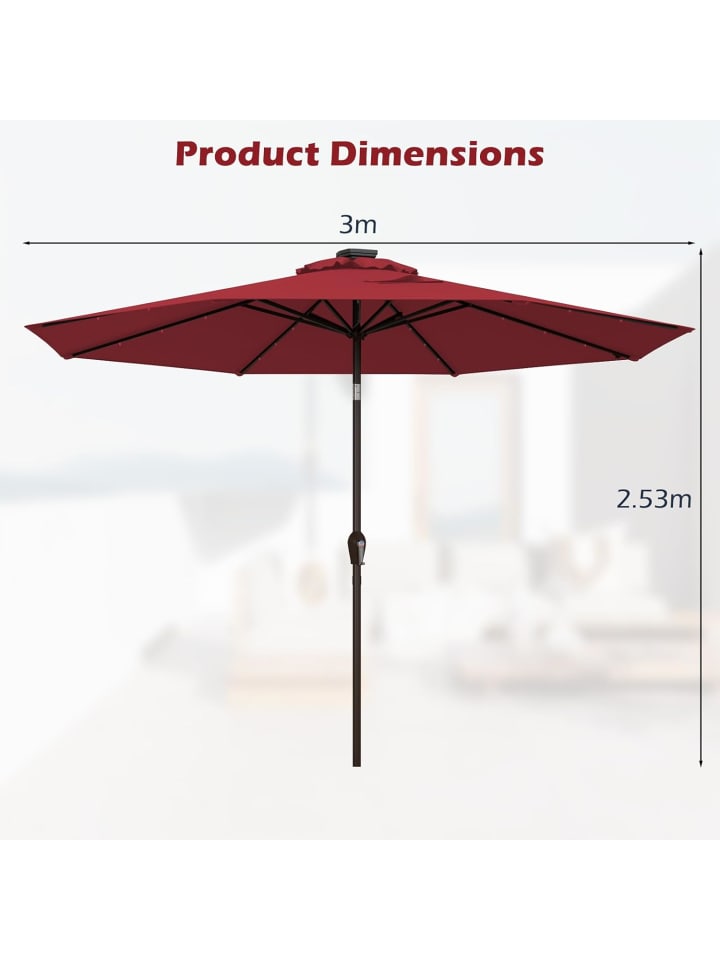 COSTWAY Sonnenschirm 300 cm mit LED-Solar-Beleuchtung in Rot günstig kaufen onesize