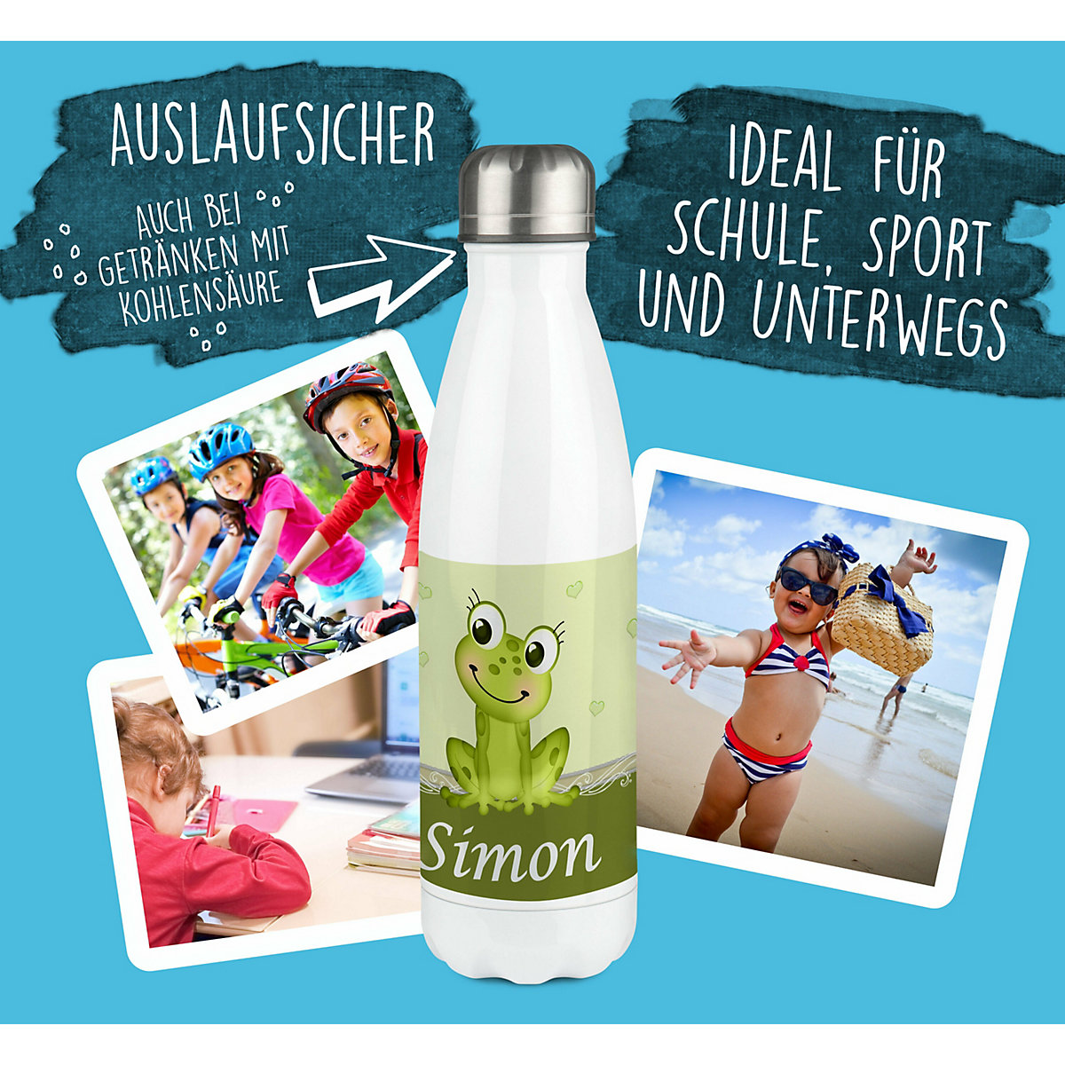 Edelstahl Kinder Thermoflasche / Trinkflasche bunt Frosch Spülmaschinenfest, Auslaufsicher, Bruchfest, Doppelwandig, Für Heißgetränke geeignet, Mit Deckel, Isoliert