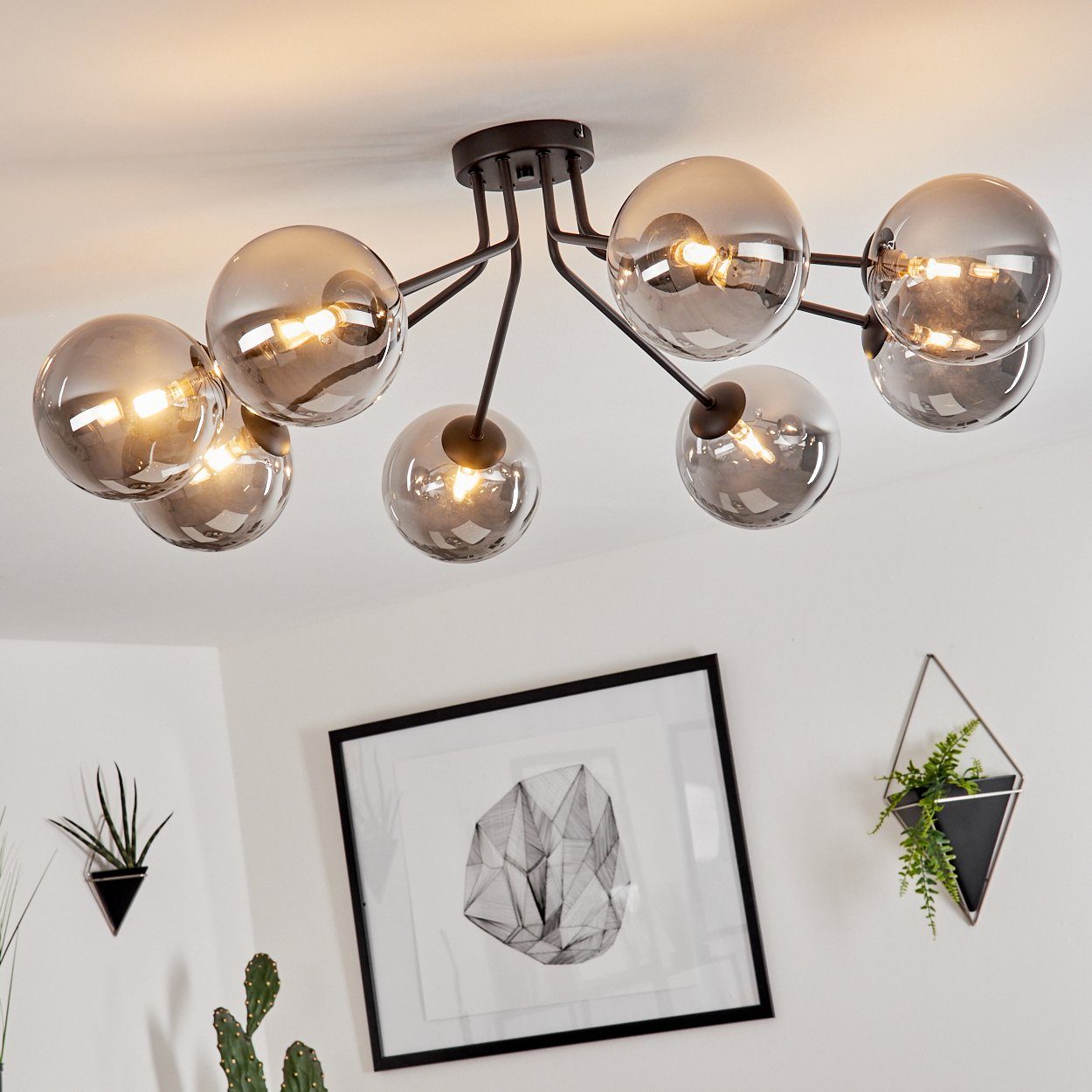 hofstein Deckenleuchte Garaguso moderne Deckenlampe aus Metall/Glas in Schwarz/Rauchfarben, ohne Leuchtmittel, Leuchte im Retro/Vintage-Design mit Schirmen aus Rauchglas, 8xG9