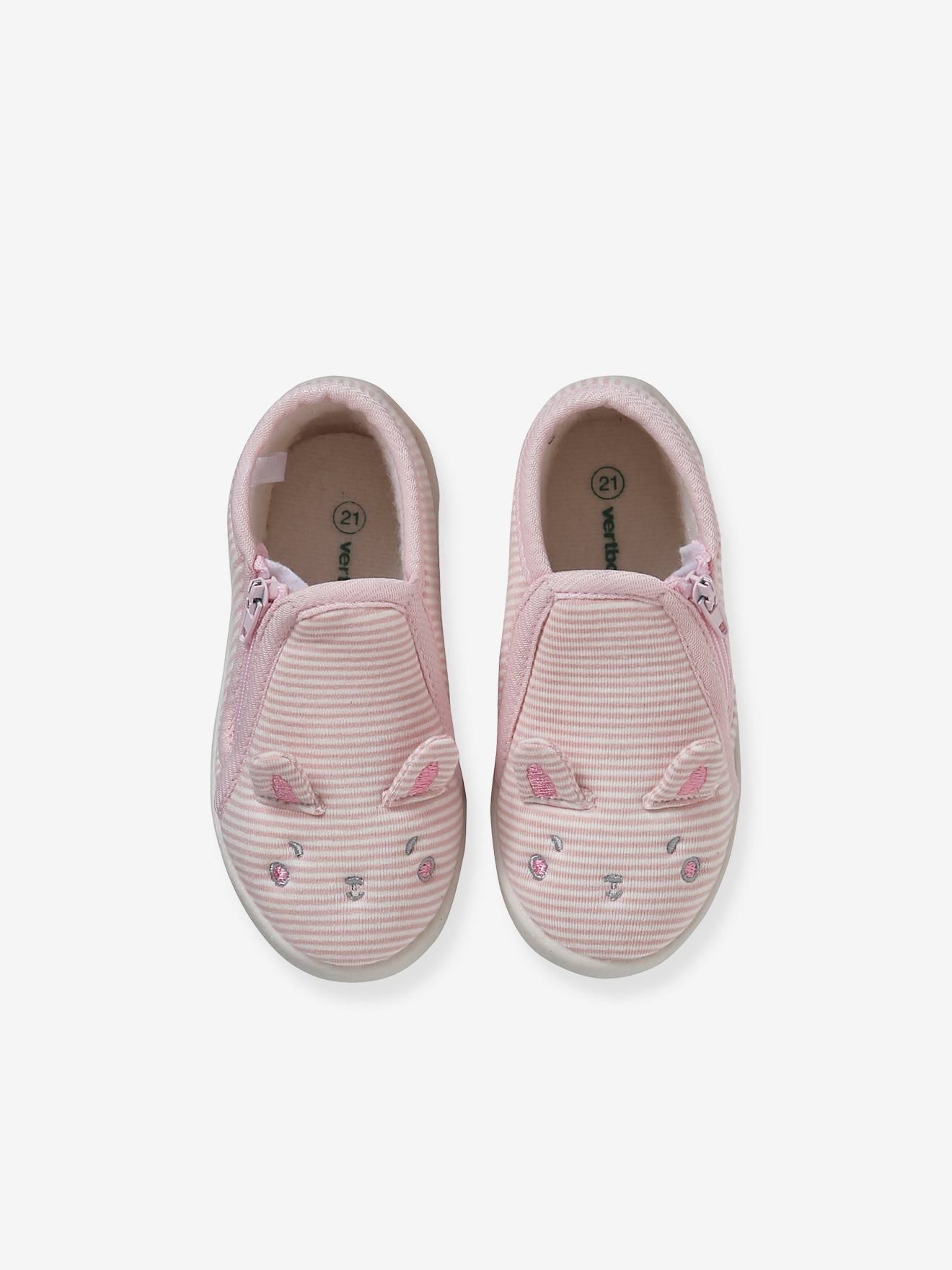Chaussons zippés bébé en toile rayé rose