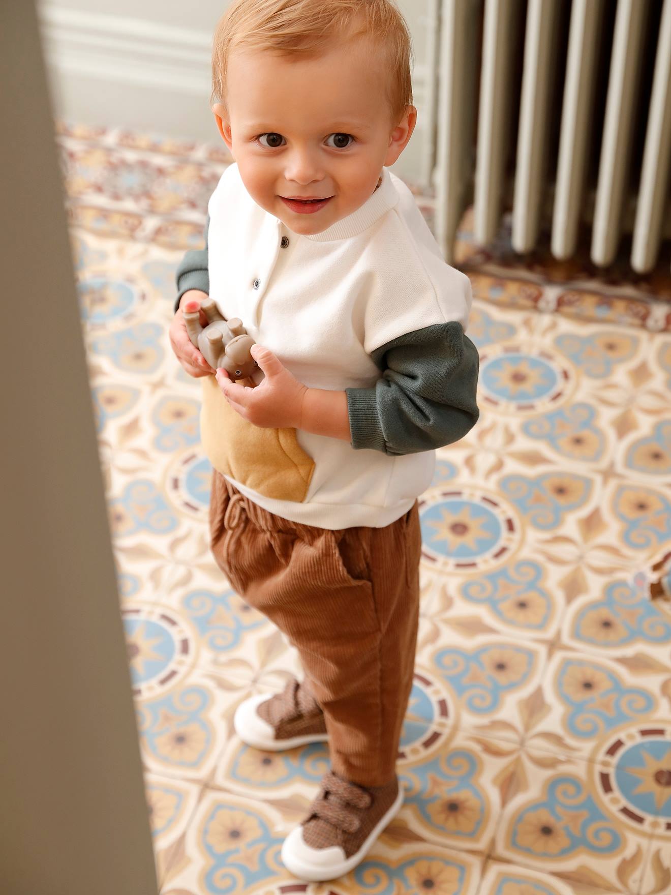 Ensemble bébé sweat en molleton + pantalon en velours ivoire