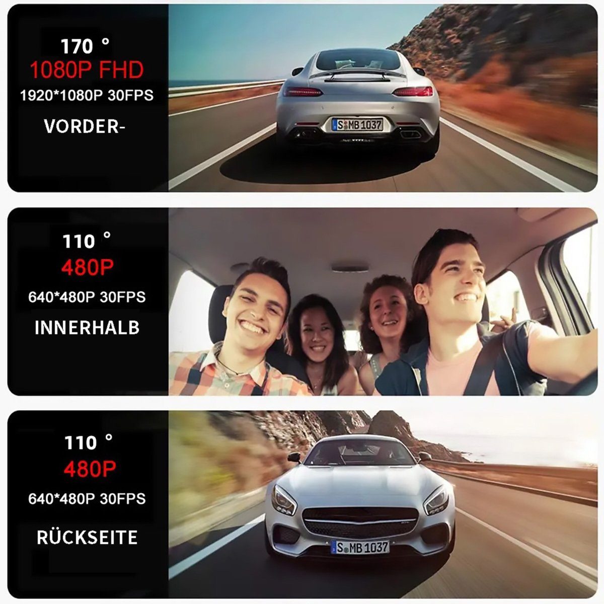 Yoyaxi Dreilinsen-Fahrtenschreiber für Front- und Rückdeckung Dashcam (Infrarot-Nachtsicht, Bewegungserkennung, Schleifen-Aufnahme)