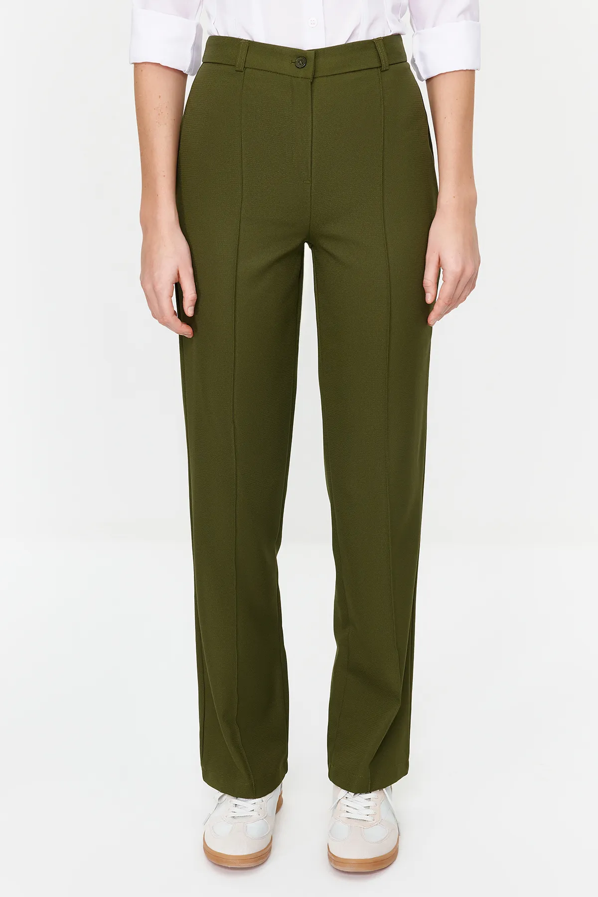 Trendyol Collection  Khakifarbene gerade/gerade geschnittene, hoch taillierte, gerippte Webhose mit Nähten TWOSS21PL0093