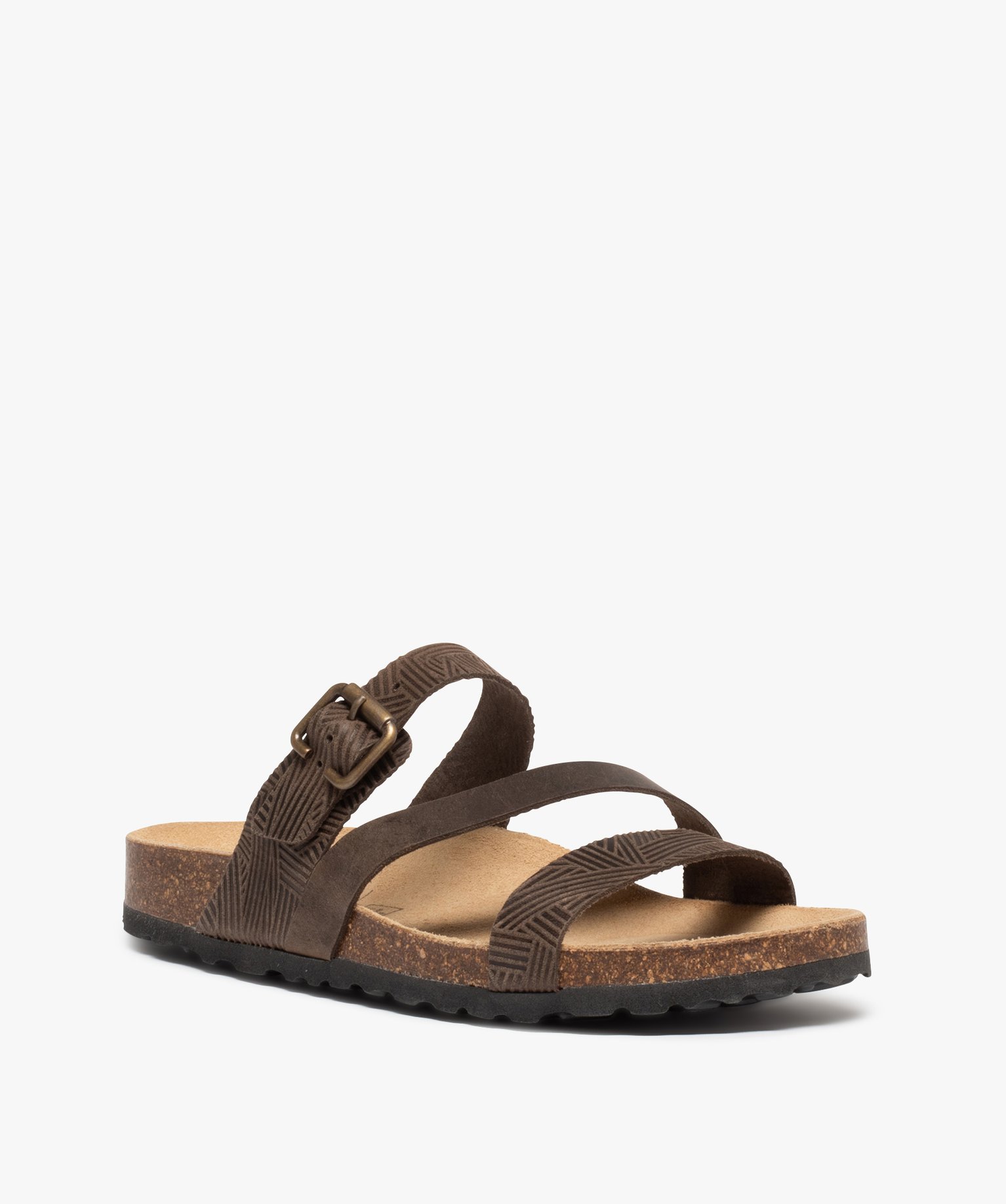 Mules femme à talon plat et brides fantaisie marron | GEMO