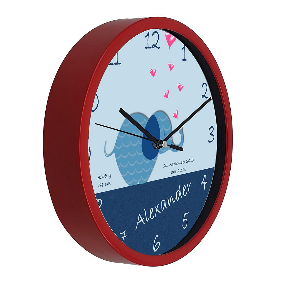 Kinder Wanduhr personalisiert mit Name Elefant blau