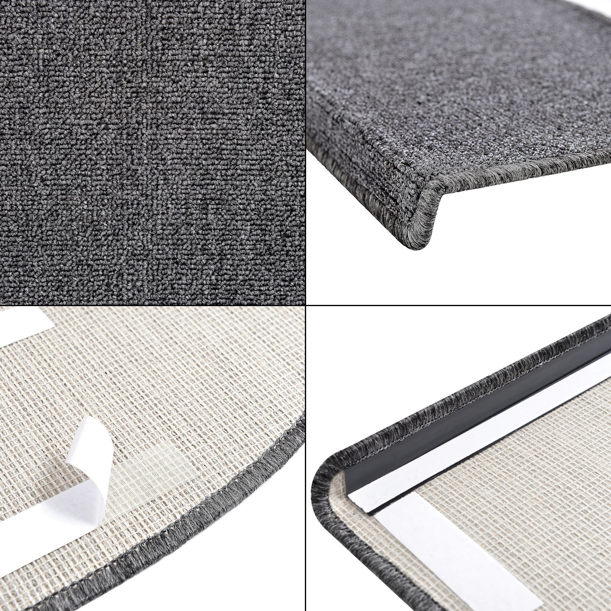 Stufenmatte, en.casa, halbrund, 15er Set Treppenmatten halbrund 65x24cm selbstklebend Dunkelgrau