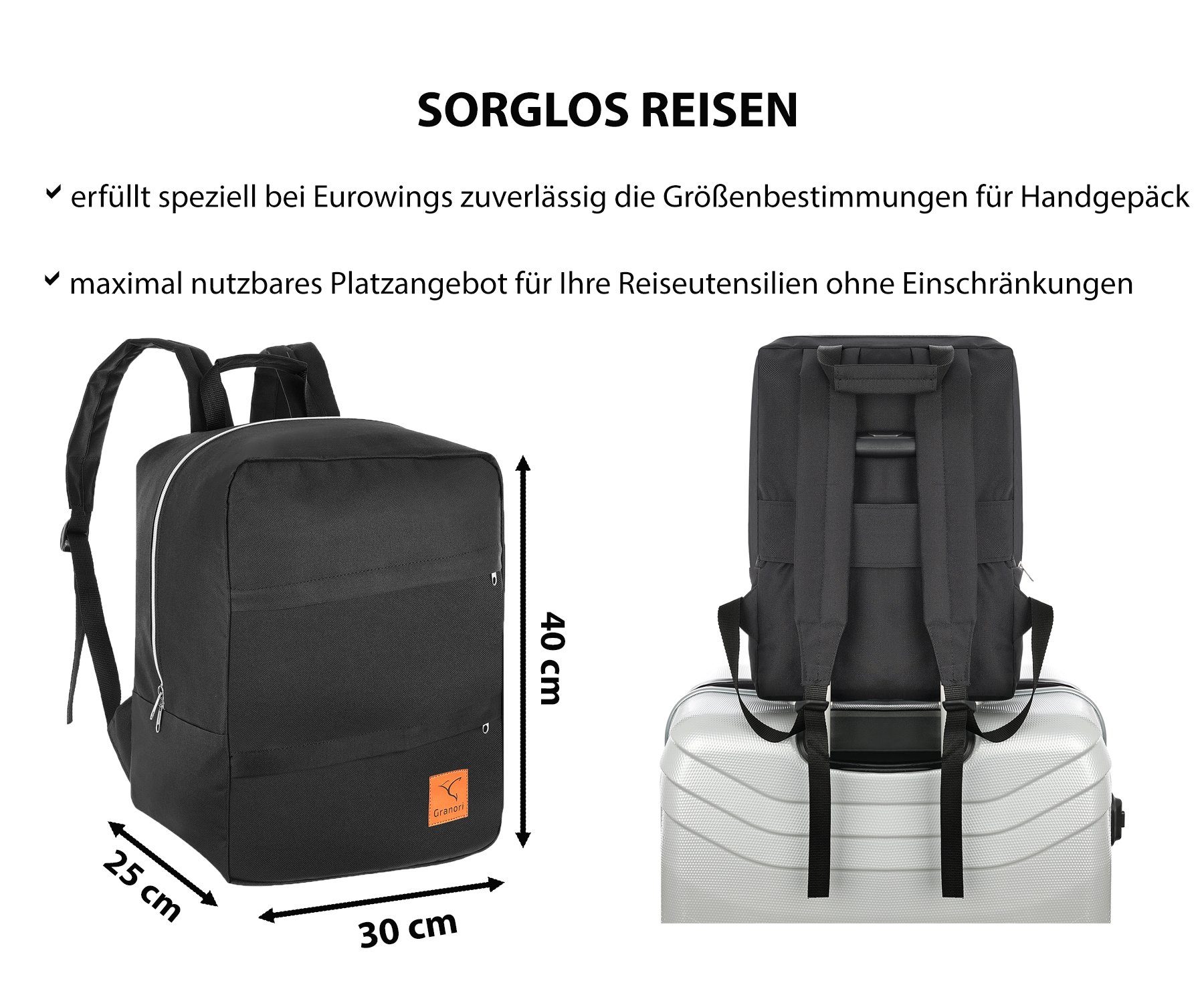 Granori Reiserucksack 40x30x25 cm Handgepäck für Eurowings Flug – leicht & max. Stauraum (Advanced Modell), 30 l Fassungsvermögen