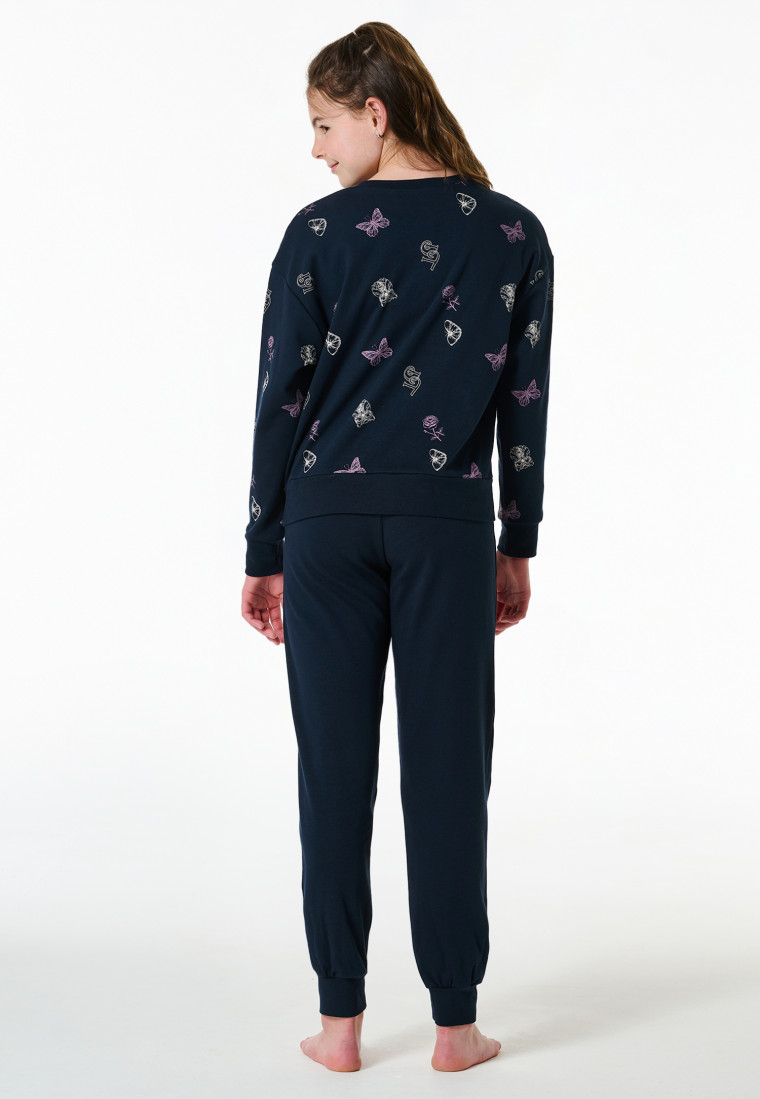 Schlafanzug lang Interlock Bündchen Traummotive nachtblau - Nightwear