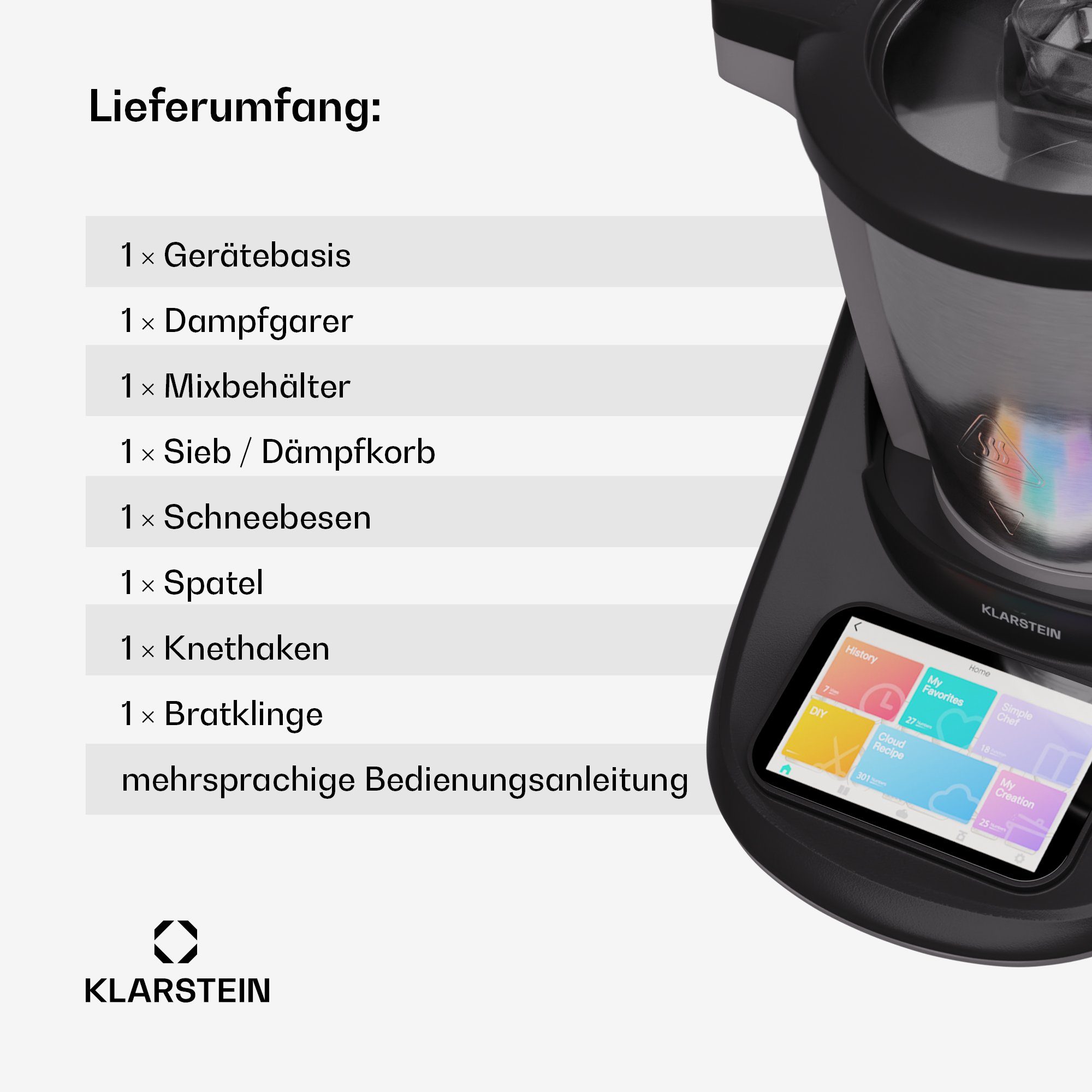 Klarstein Küchenmaschine mit Kochfunktion Aria Select Smart, 1700 W, 4.7 l Schüssel, Dämpfaufsatz Waage 4,7 L Edelstahl Touch App