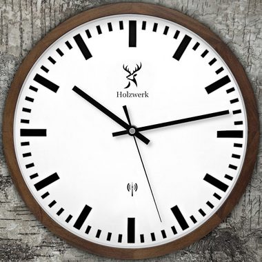 Holzwerk Funkwanduhr HOMBURG Bahnhofs Funk Holz Wand Uhr, braun, weiß (lautlos ohne Tickgeräusche, 30 cm)