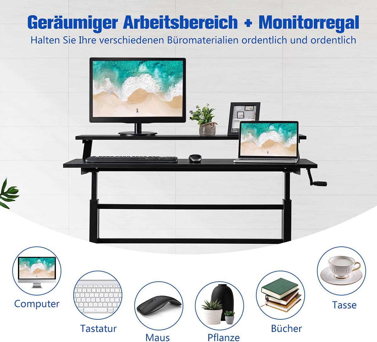 Costway COSTWAY Schreibtisch höhenverstellbar, Stehtisch mit Monitor Regal