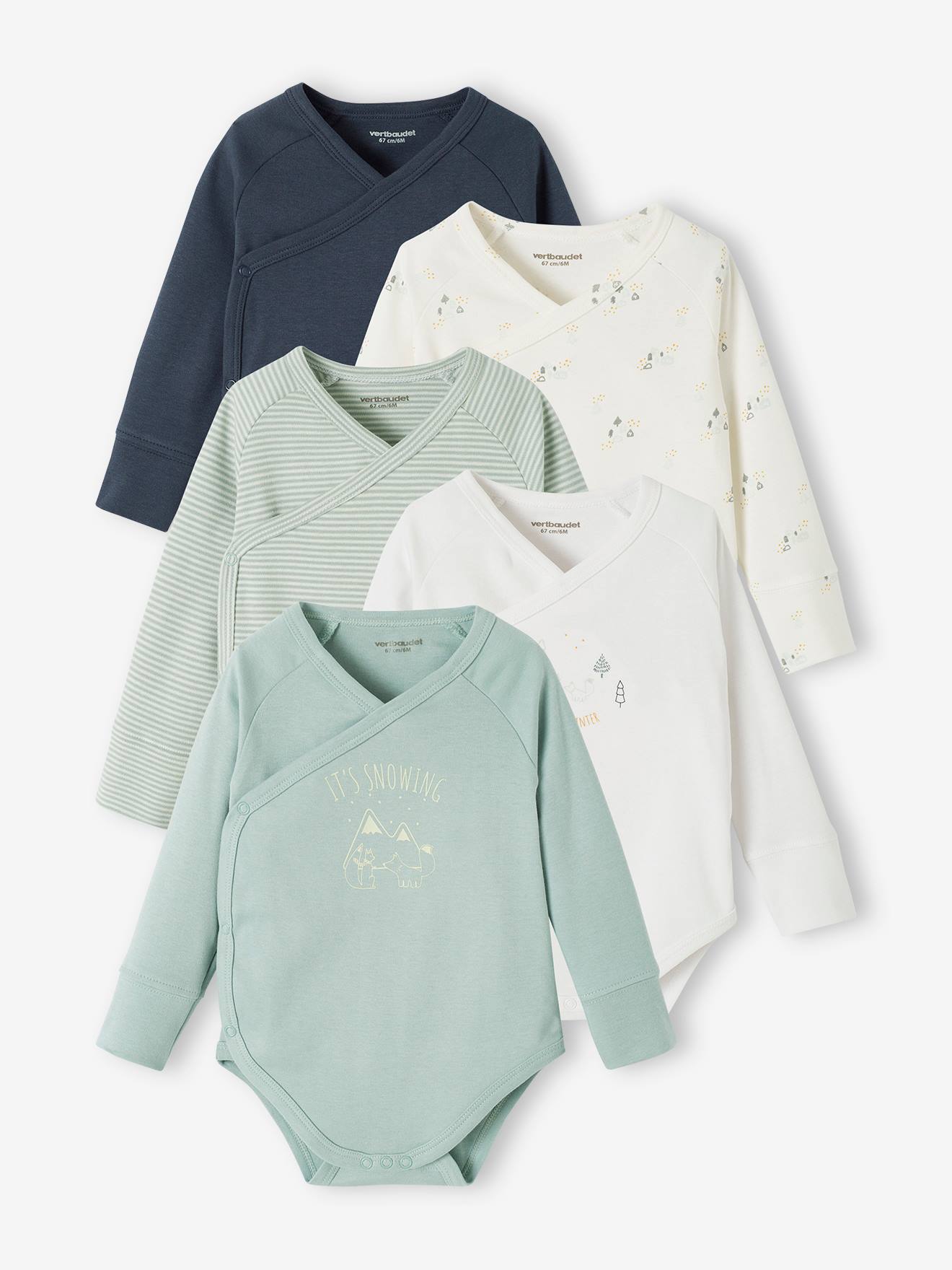 Lot de 5 bodies bébé évolutif ouverture naissance bleu grisé