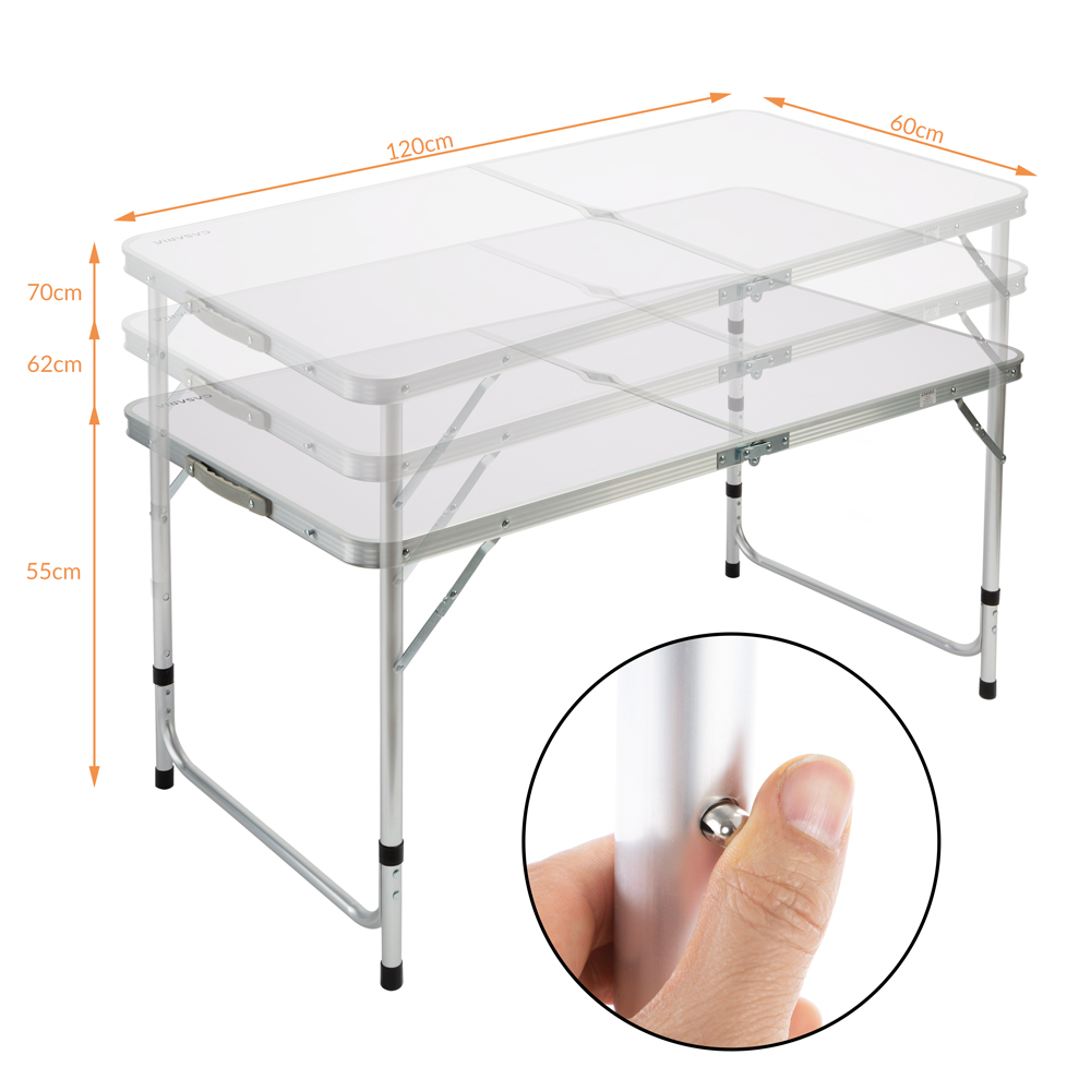 Casaria Campingsitzgruppe Alu MDF 5tlg Tisch: 120x60x55/62/70cm cm Bank: 65 60 x 60cm weiß