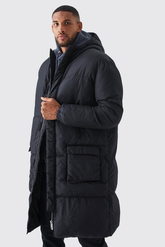 Tall lange Steppjacke mit 4-Taschen und Kapuze