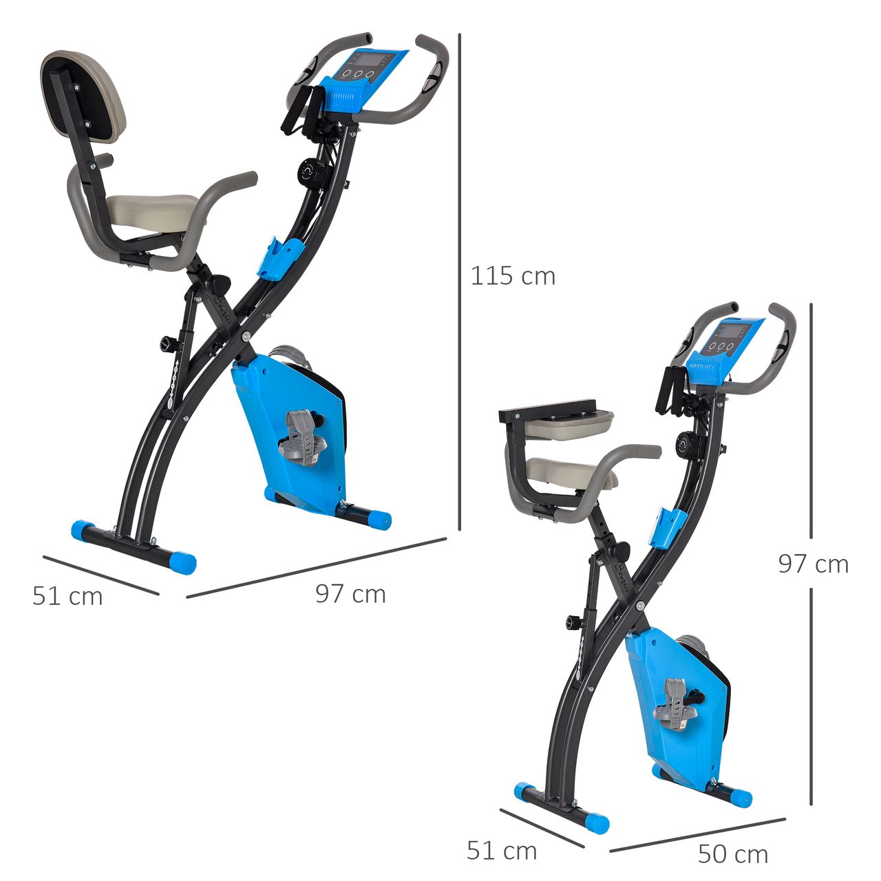 HOMCOM Heimtrainer 2-in-1 Fahrradtrainer LCD-Display klappbarer Hometrainer Trimmrad mit 8 stufig Blau Grau 97x51x115 cm