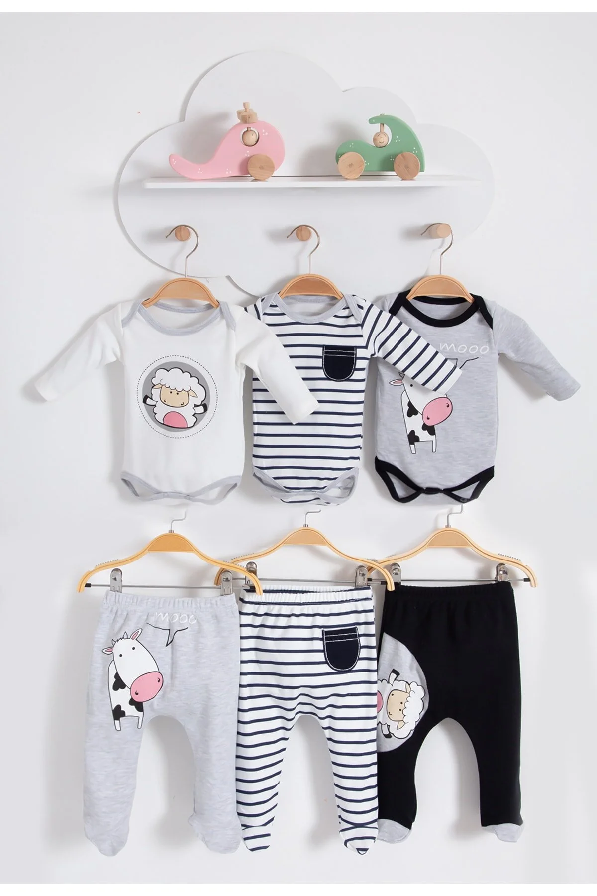 Bubito  6-teiliges Unter- und Oberteil-Set für Babys mit Lamm- und Kuhmotiven