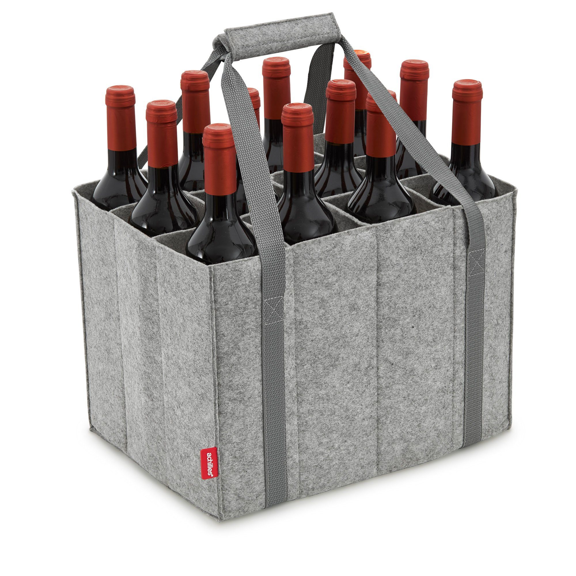 achilles Flaschenkorb Flaschentasche mit 12 Fächer, Auch für 1,5 Liter Flaschen, Flaschen Tasche aus Filz, 100% recycelt 36 cm x 27 cm x 27 cm