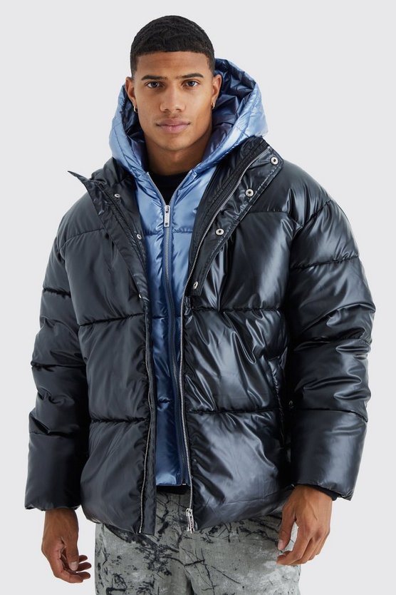 Doppellagige Metallic Steppjacke mit Kapuze