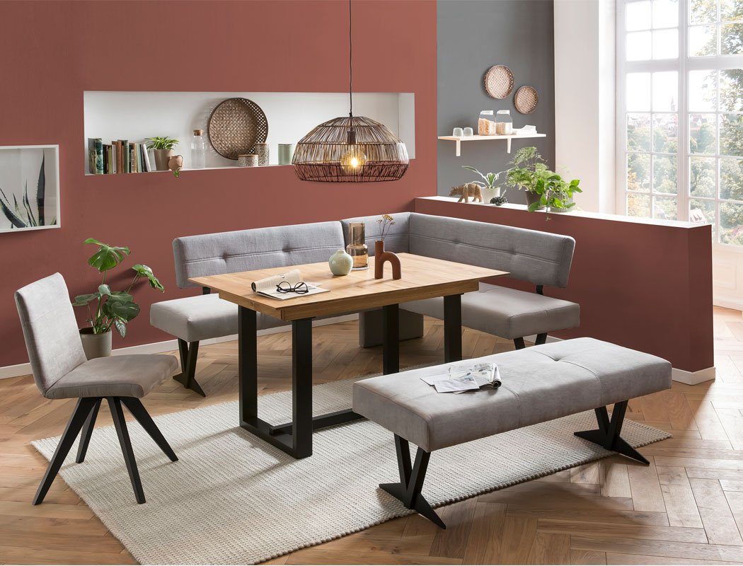 expendio Eckbankgruppe Gunar 1XL, (komplette Tischgruppe, Spar-Set, 4-tlg), Tisch Gunar Eiche rustikal + Eckbank + Bank Eda 3 + Stuhl Caja Gray