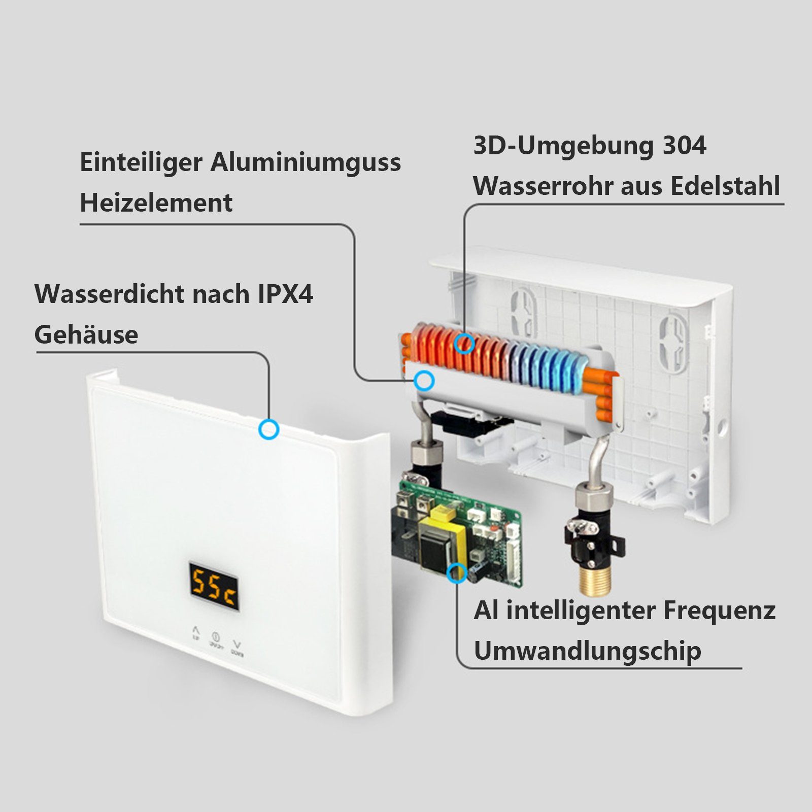 TWSOUL Durchlauferhitzer Mini Durchlauferhitzer Tankless mit LED Digitalanzeige Panel, Temperaturauswahl 28-55 ℃, spart Strom