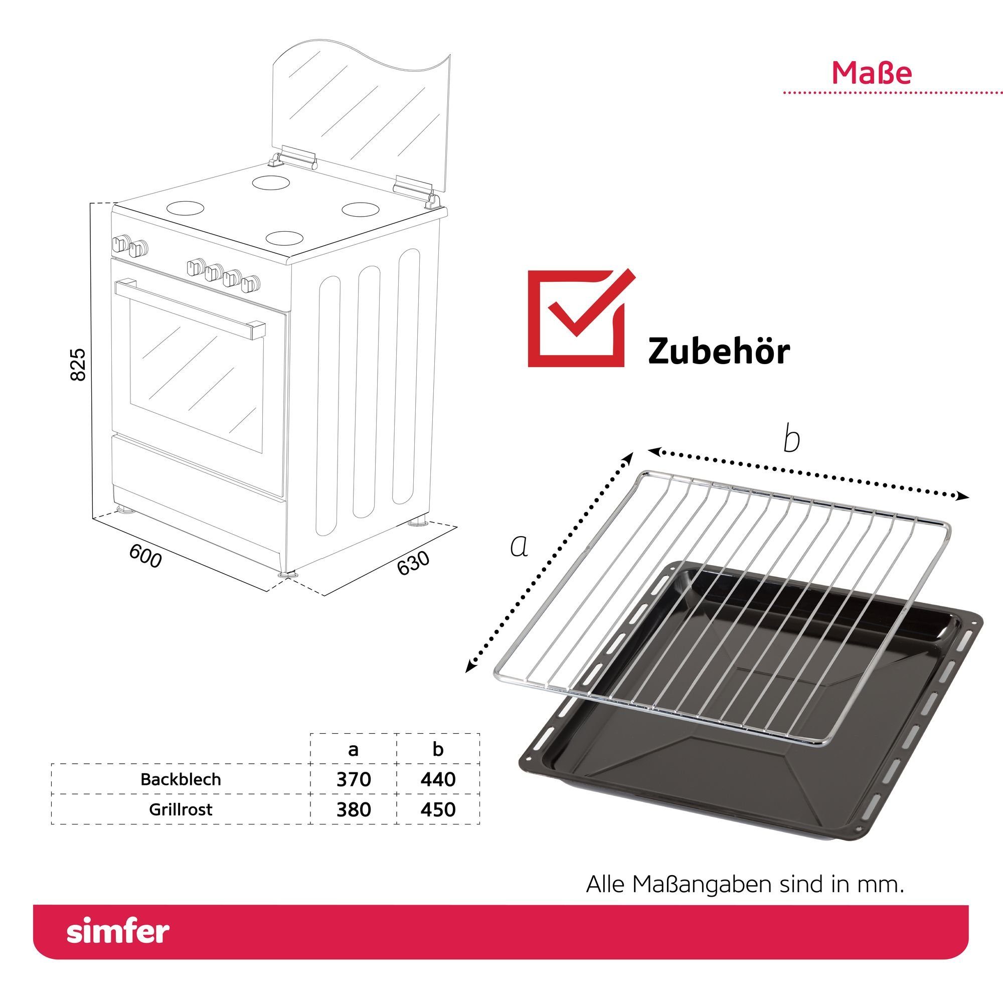 Simfer Gas-Standherd SMF FS 6031, 60 cm, Gaskochfeld mit Elektro-Backofen, 66 Liter Garraum, mit Teleskopauszug nachrüstbar, Grillfunktion, Seitengitter, Timer, Elektrische Taktfunkenzündung