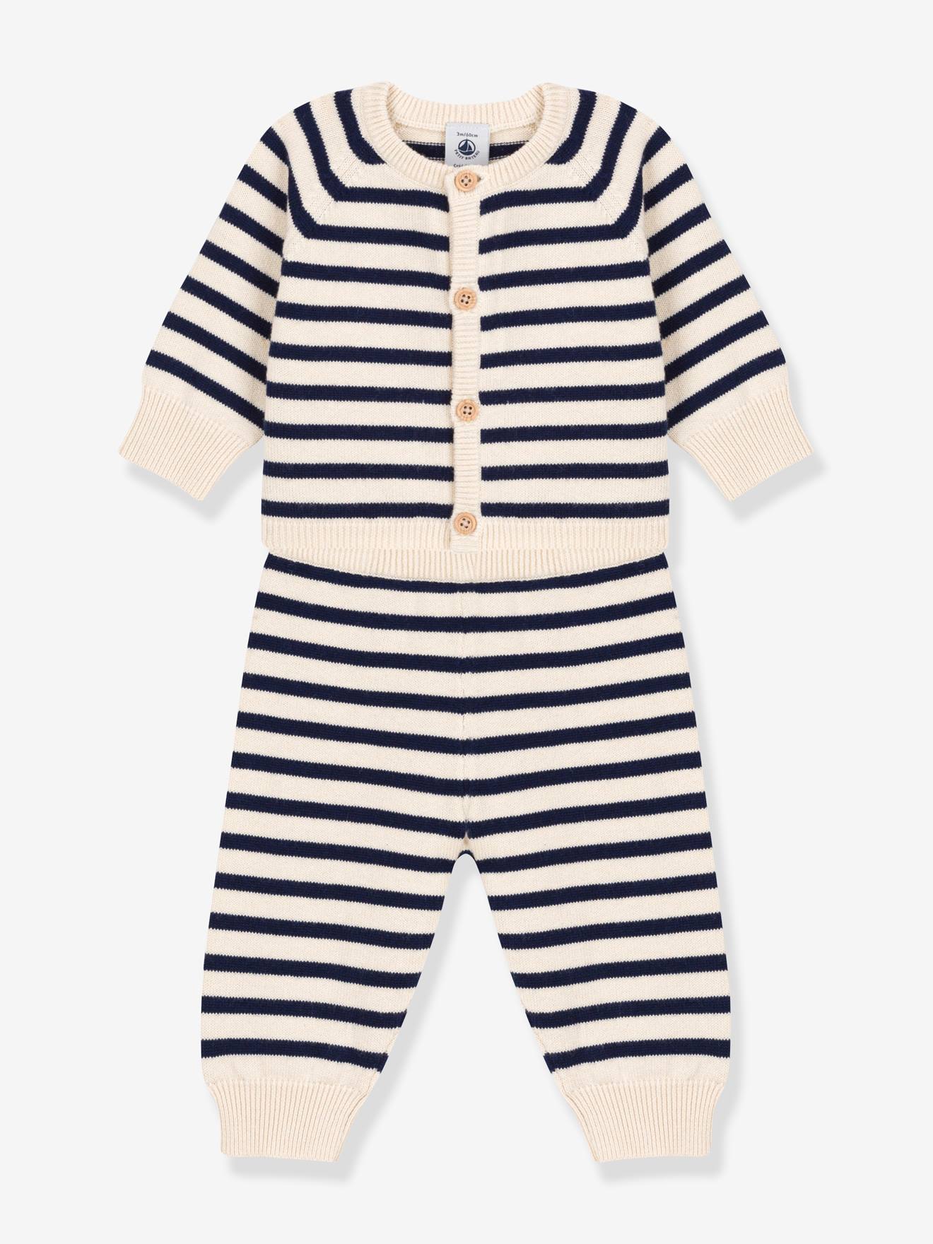 Ensemble 2 pièces bébé en tricot rayé laine et coton PETIT BATEAU blanc imprimé