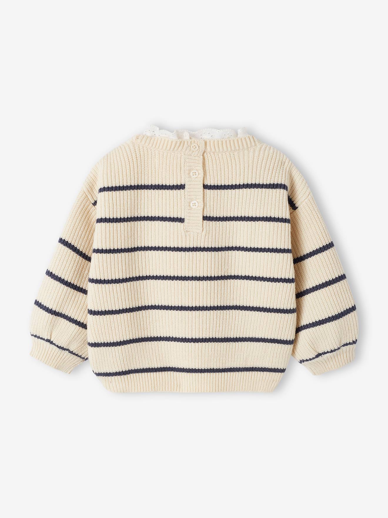 Pull en côte perlée bébé col en broderie anglaise rayé marine
