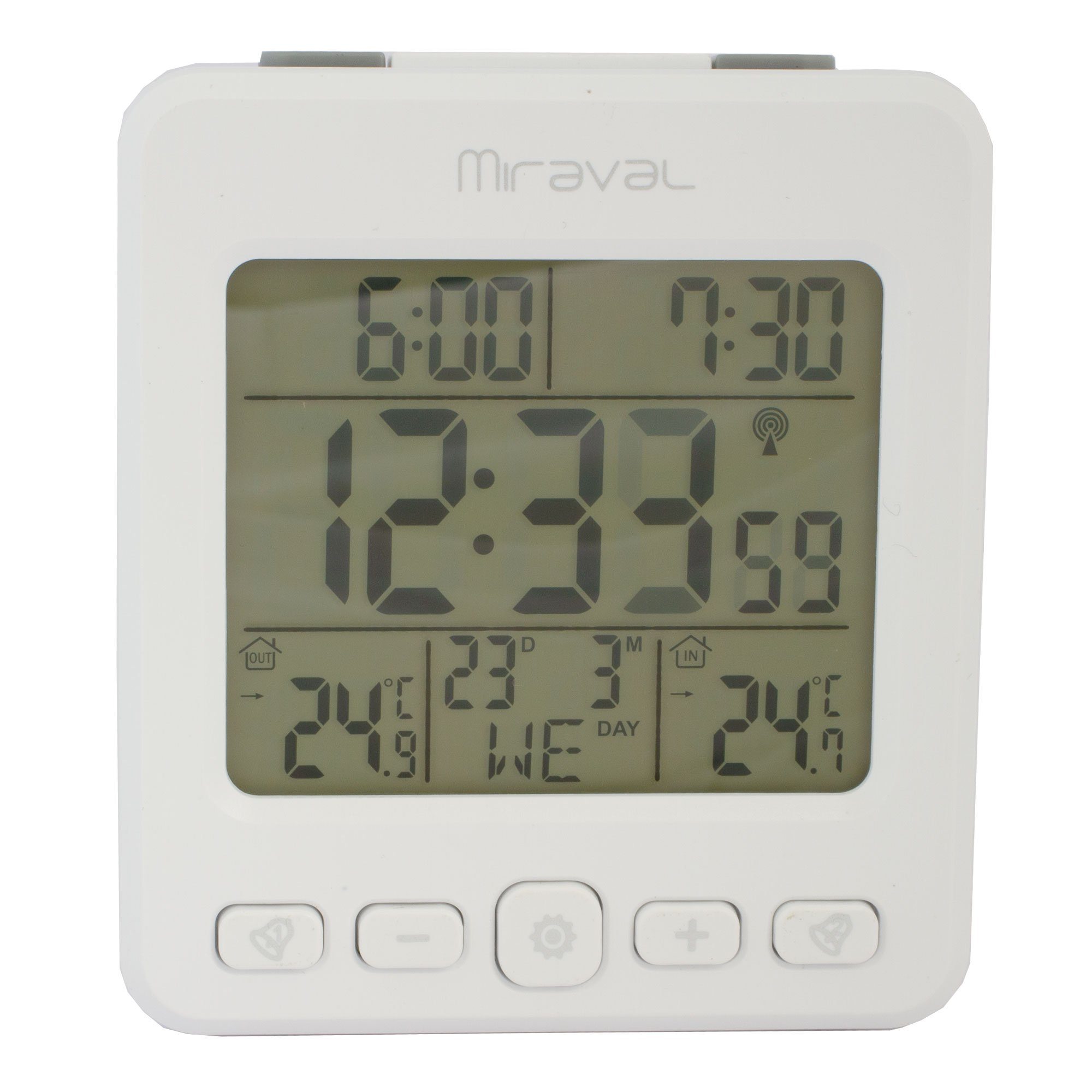 Miraval LCD Funkwecker mit Außensensor Wetterstation Datumsanzeige Funkuhr Kalender Datum 2 Alarme Datumsanzeige Snooze Funkwetterstation (Datumsanzeige, Funksignal, Temperaturanzeige, Aussensensor, AA-Batterien, Schwarz, Großer Display, Funkwecker)