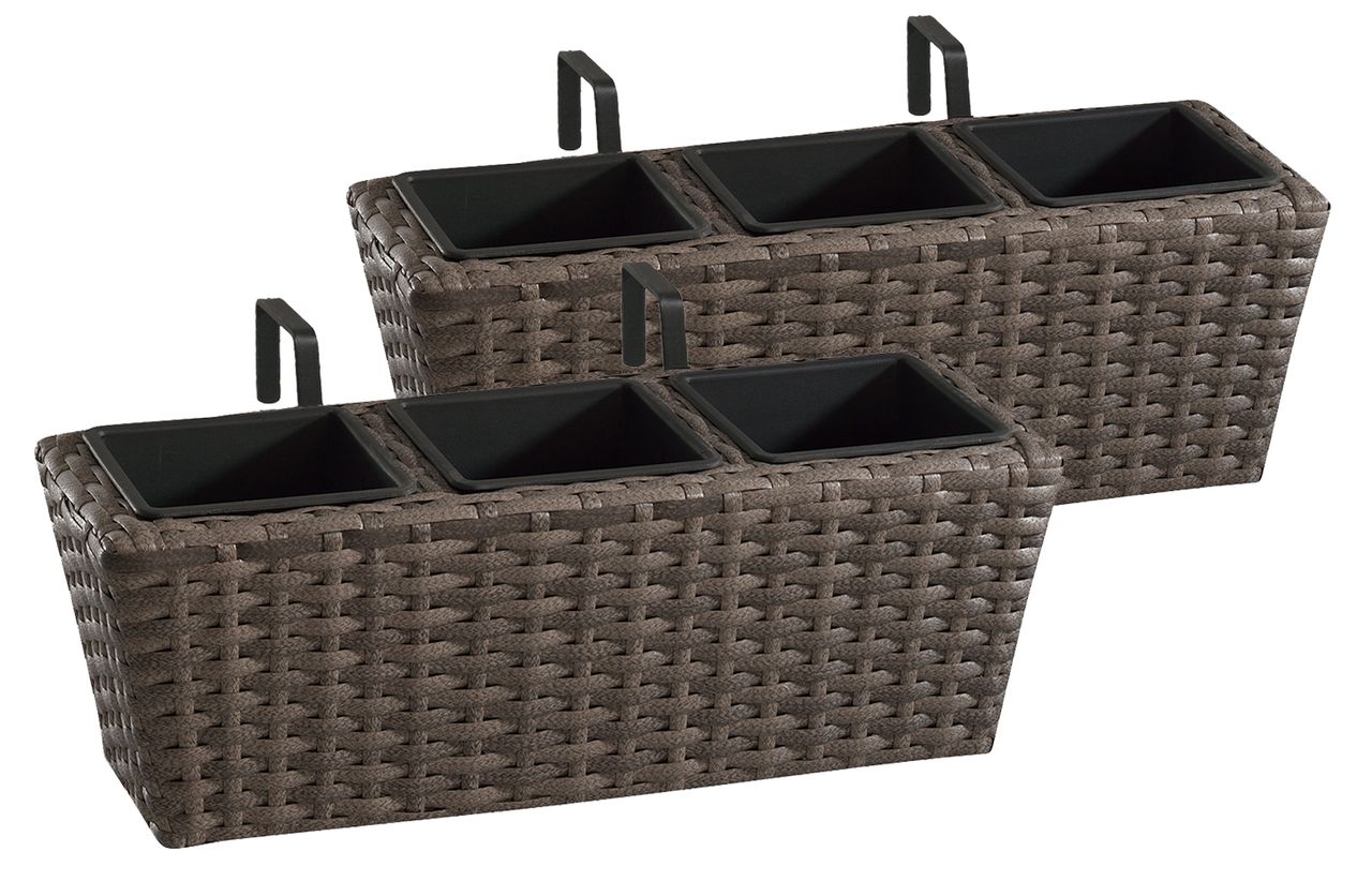 Weles Polyrattan Balkonkasten 2 Stück inkl. Aufhängung, 47 x 17 x 15 cm, 3er Kunststoffeinsatz, cappuccino