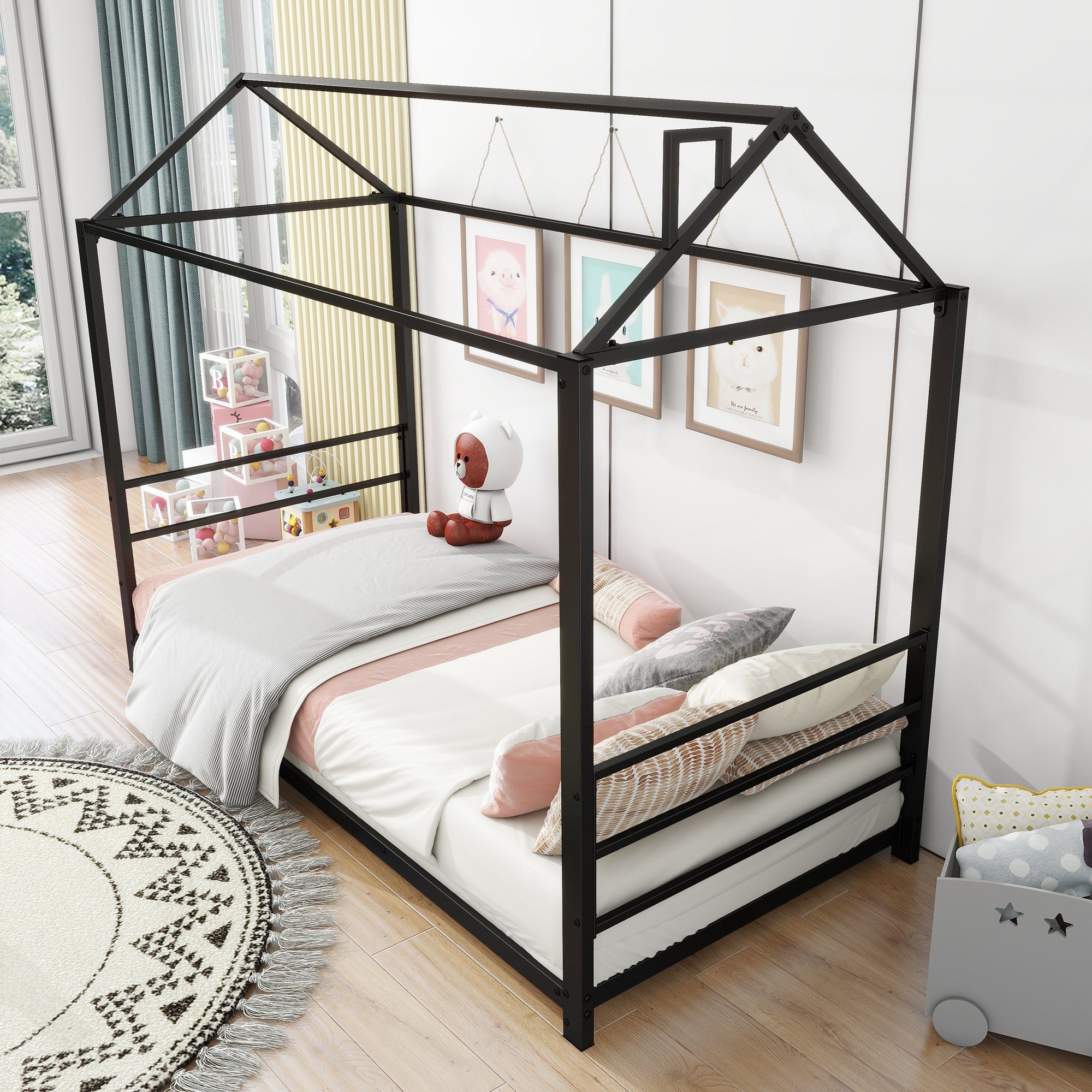 Celya Metallbett 90 x 200cm Kinderbetten,Hausmodellierende Kinderbetten, Einzelbetten, Plattform, Schwarz