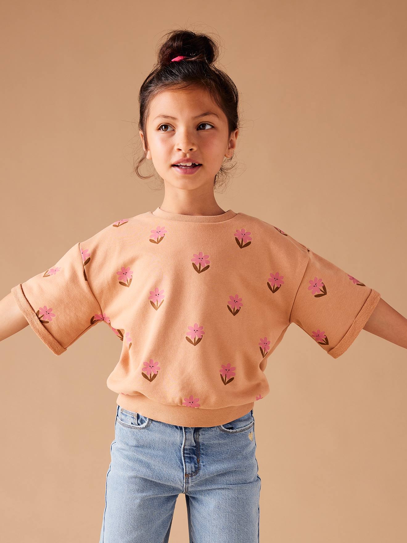 Sweat fleurs pop manches courtes filles pêche