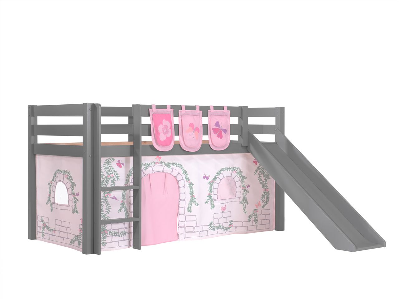 VIPACK Spielbett Pino inkl. Rutsche mit Textilset Vorhang und 3 Taschen 