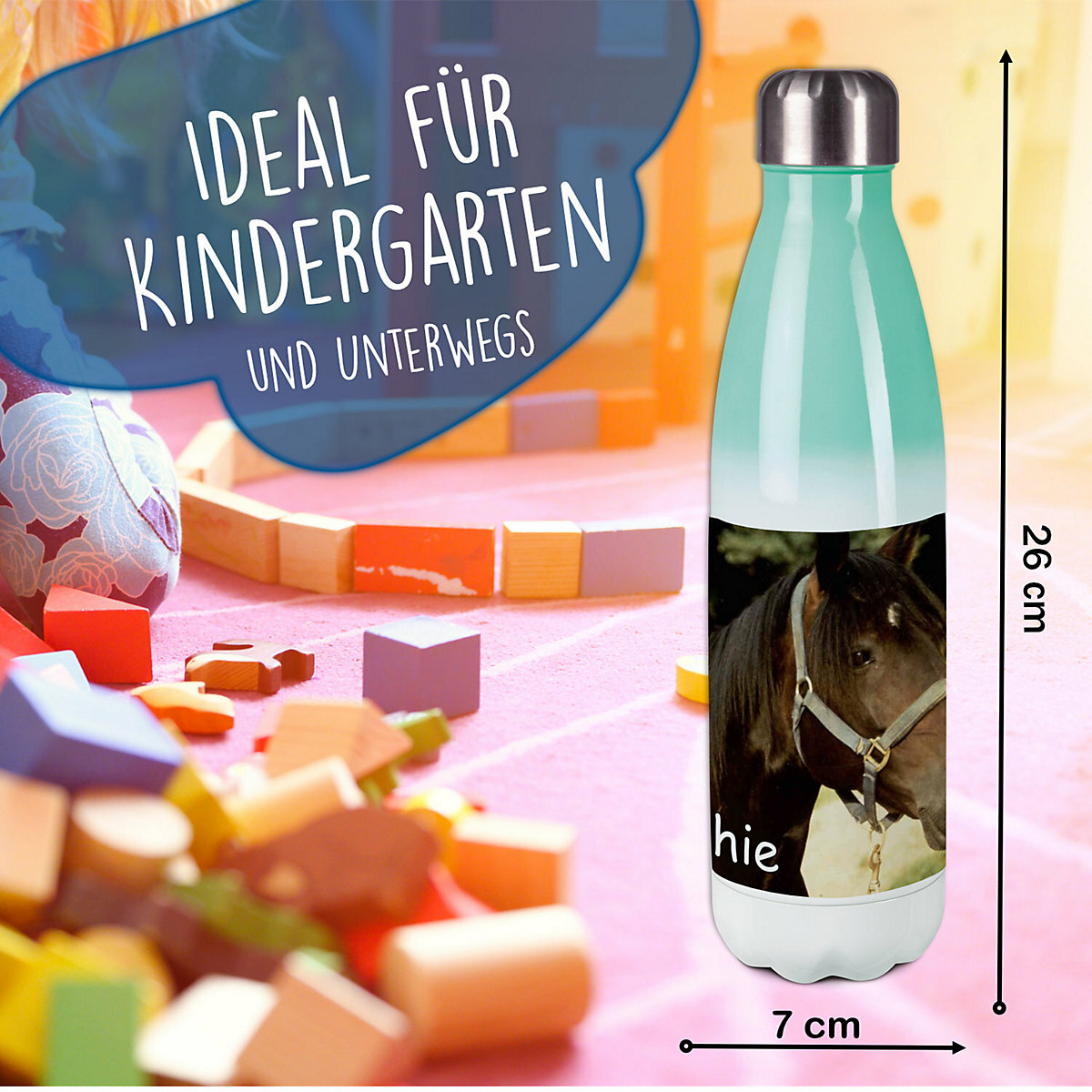 Edelstahl Kinder Thermoflasche / Trinkflasche bunt Pferd Orignial Spülmaschinenfest, Auslaufsicher, Bruchfest, Doppelwandig, Für Heißgetränke geeignet, Mit Deckel, Isoliert
