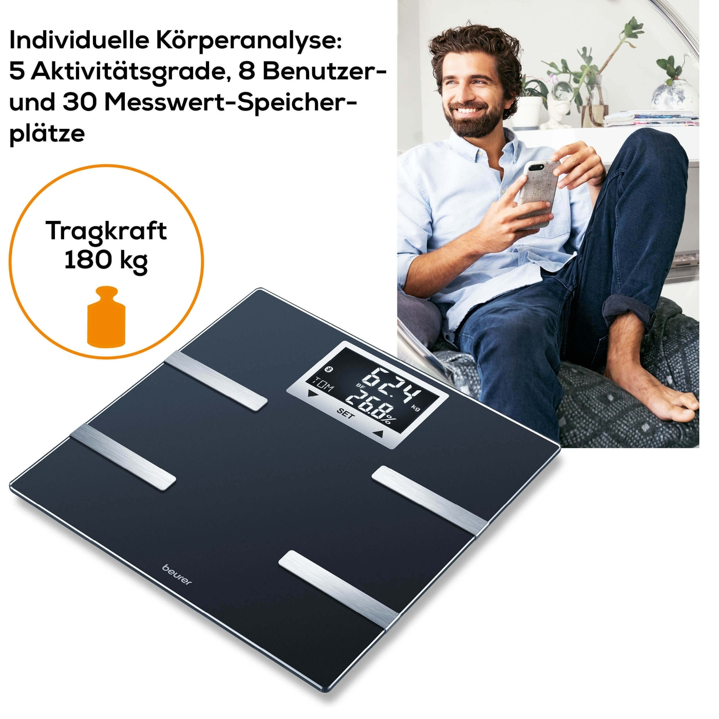 Beurer Diagnosewaage BF 720-Körperanalysewaage mit BMI Berechnung & App-Anbindung - bis 180 kg
