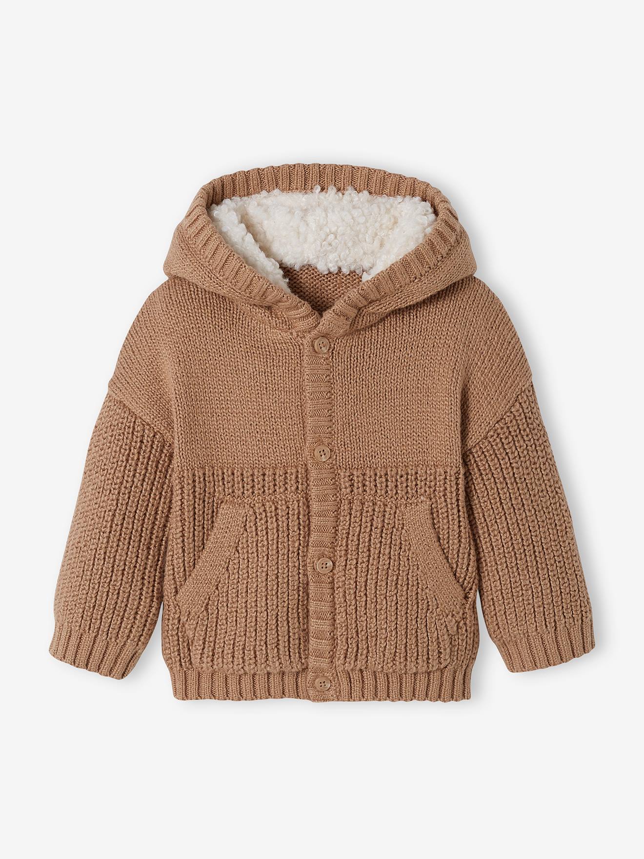 Gilet boutonné bébé capuche doublée peluche beige
