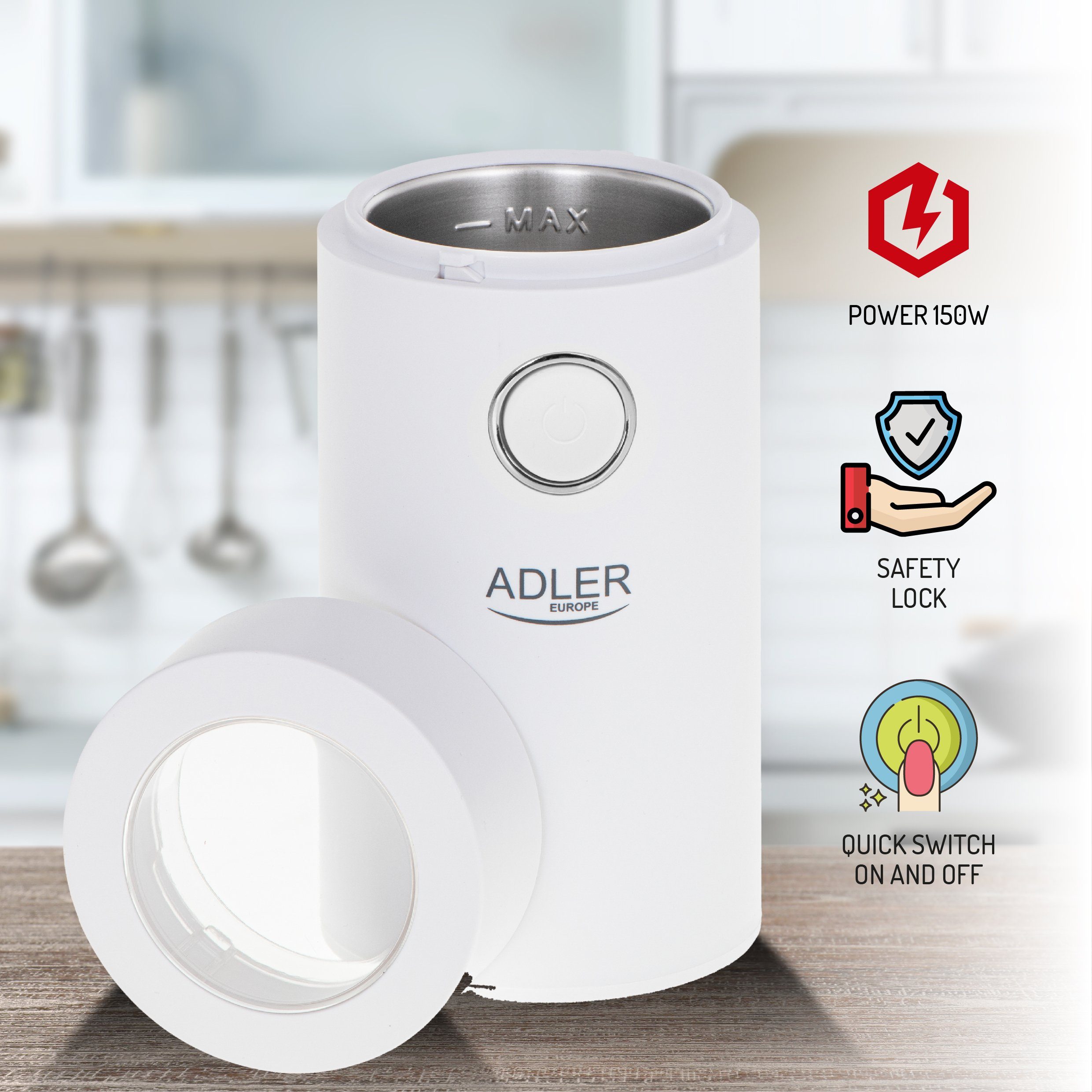 JUNG Kaffeemühle ADLER AD4446WS Kaffeemühle elektrisch elektrische Kaffeebohnen Mühle, 150,00 W, Kegelmahlwerk, 75,00 g Bohnenbehälter, 75g Füllmenge Schlagmesser Edelstahl, Kaffee, Espresso Latte Mokkas