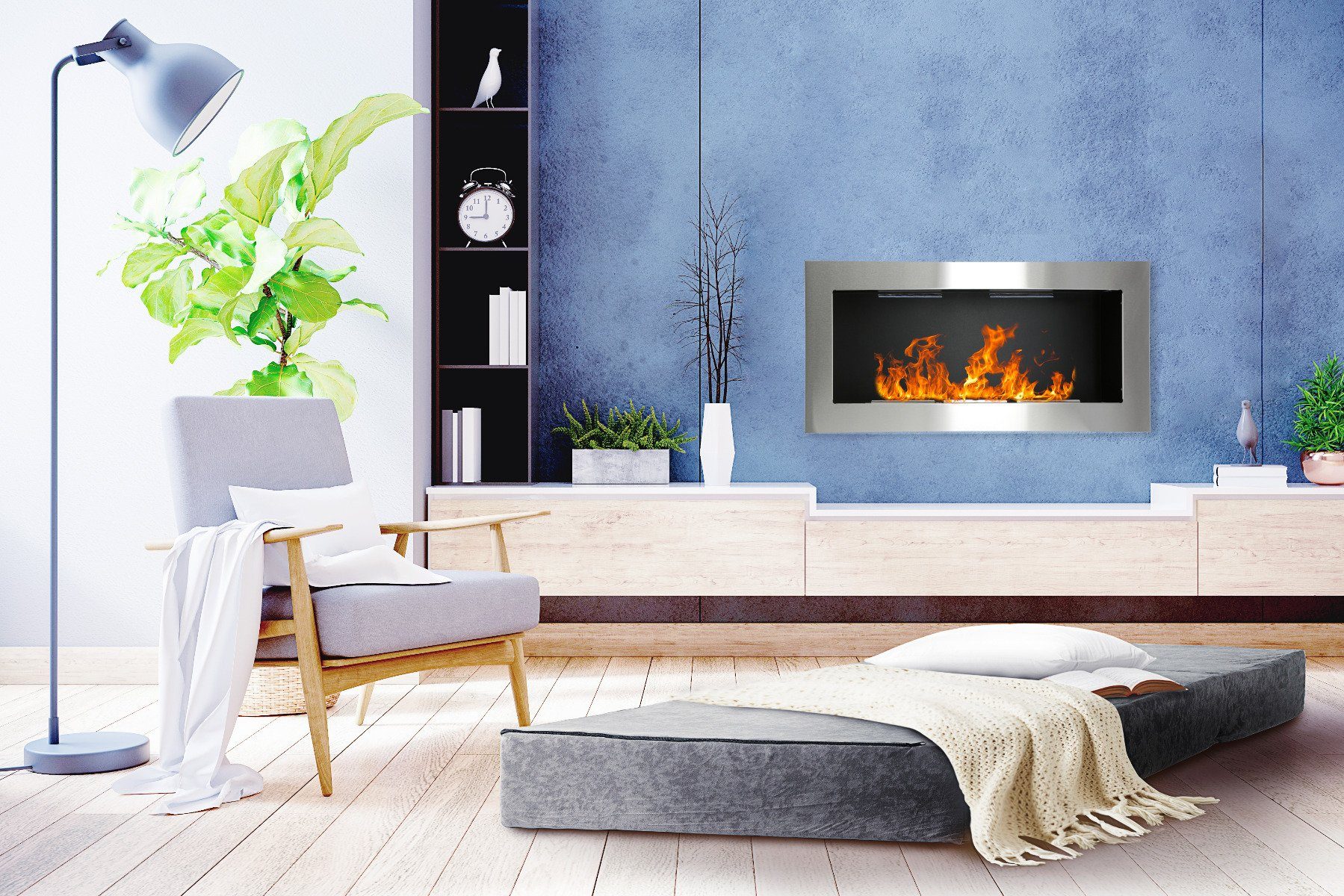 Stillerbursch Echtfeuer-Dekokamin Ethanol-Kamin mit Kaminglas zur Wandmontage Schwarz 65x40cm (Designkamin, 1-St., Wandkamin), Mit Bioethanol Brenner