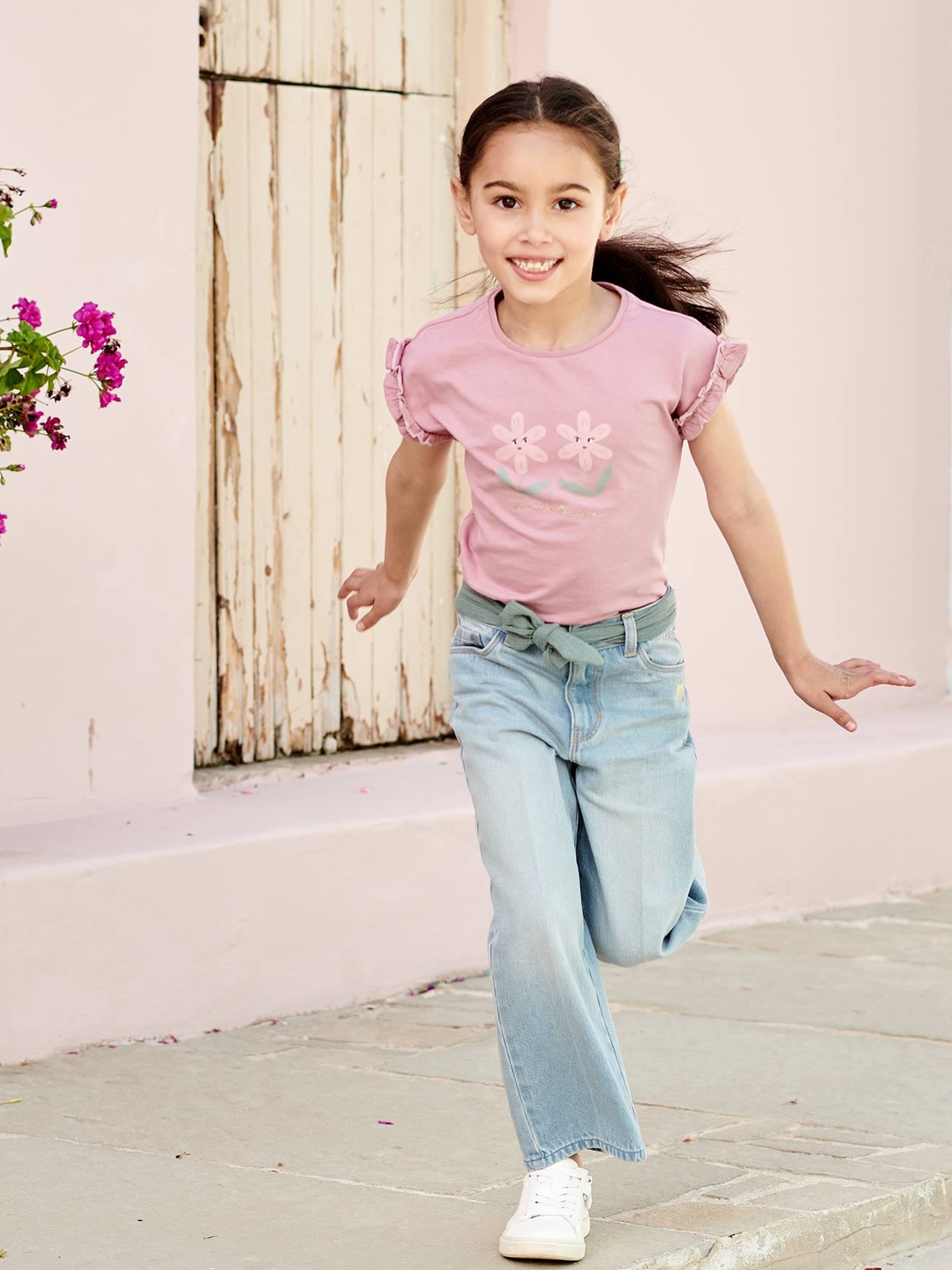 T-shirt à motif irisé fille manches courtes volantées mauve