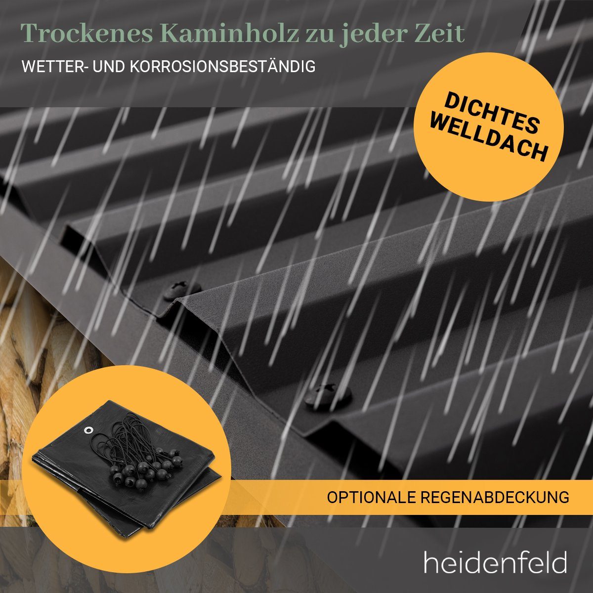 Heidenfeld Kaminholzregal Brennholzregal BR100, BxTxH:135x70x165 cm, (Kaminholzregal für außen und innen, Wetterbeständig, Welldach, 1-St., Max. Belastung 2250 kg, Stahl, Stoß- und Kratzfest), Stahl Feuerholzregal Holzstapelhilfe Holzunterstand Kamin