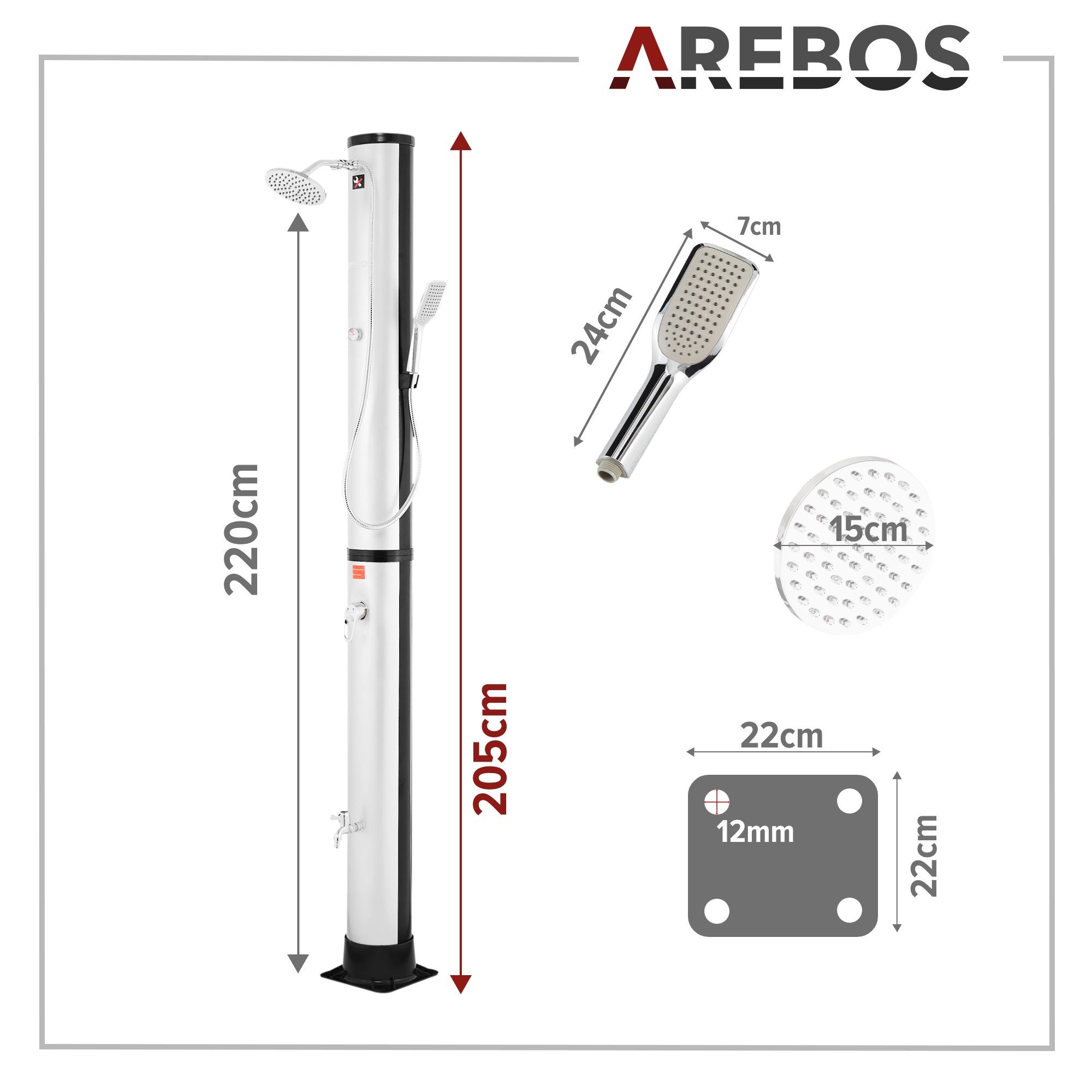 Arebos Solardusche 40 L, inkl. Abdeckhaube, mit integriertem Thermometer (Silber, Stück)