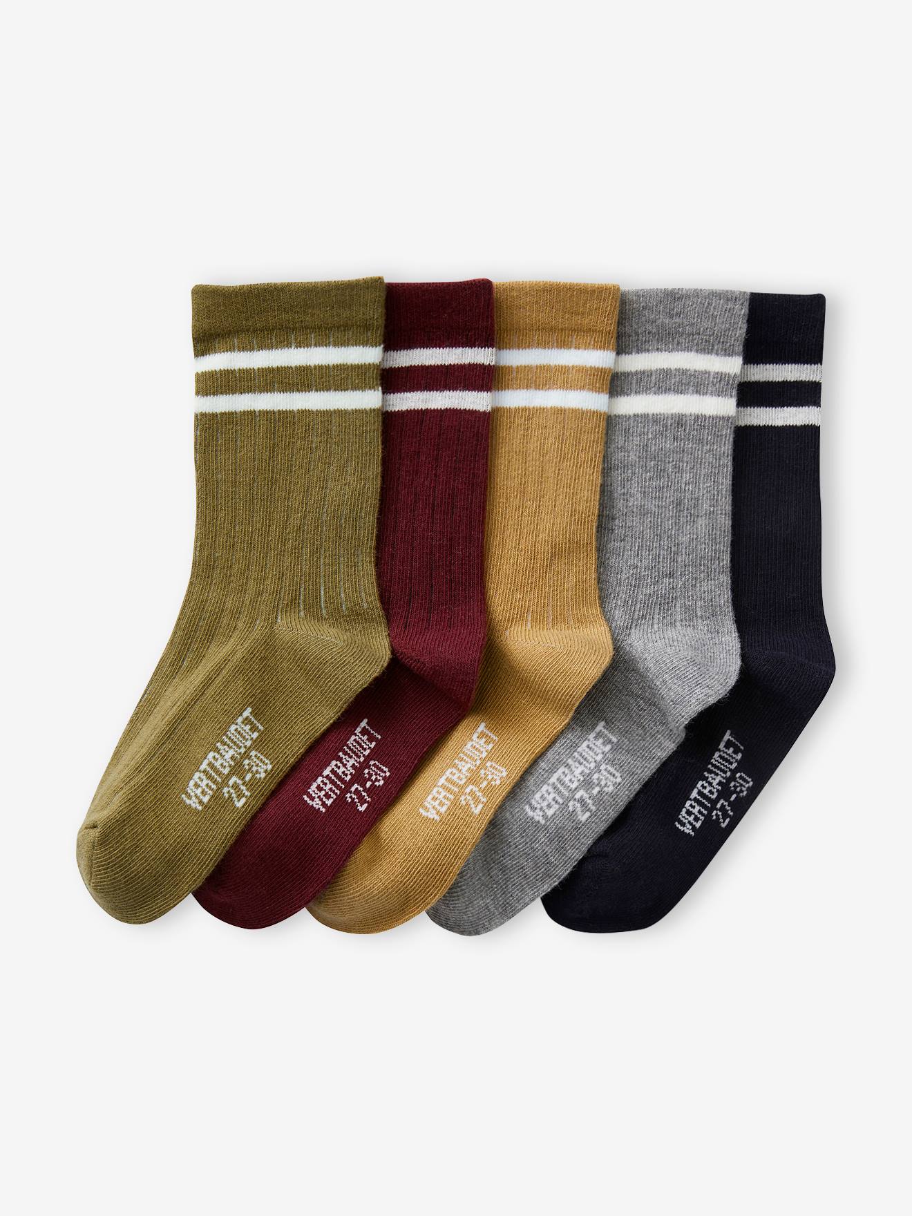 Lot de 5 paires de chaussettes côtelées rayées garçon kaki