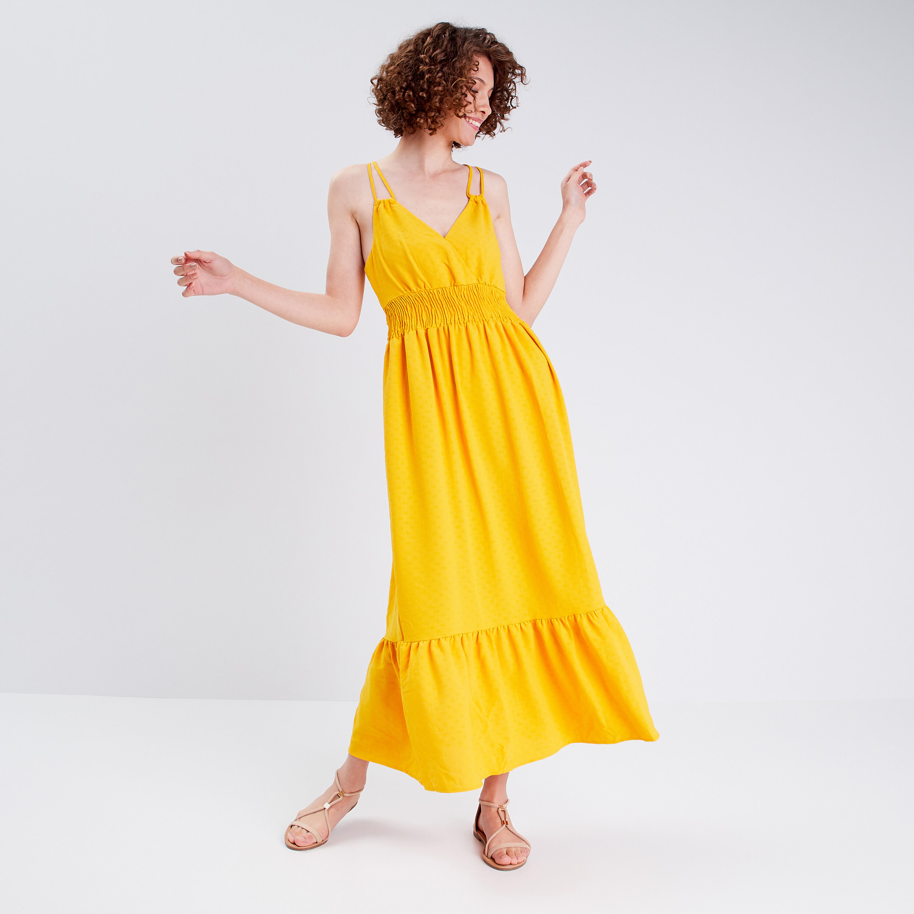 Robe longue évasée jaune foncé femme | Cache Cache