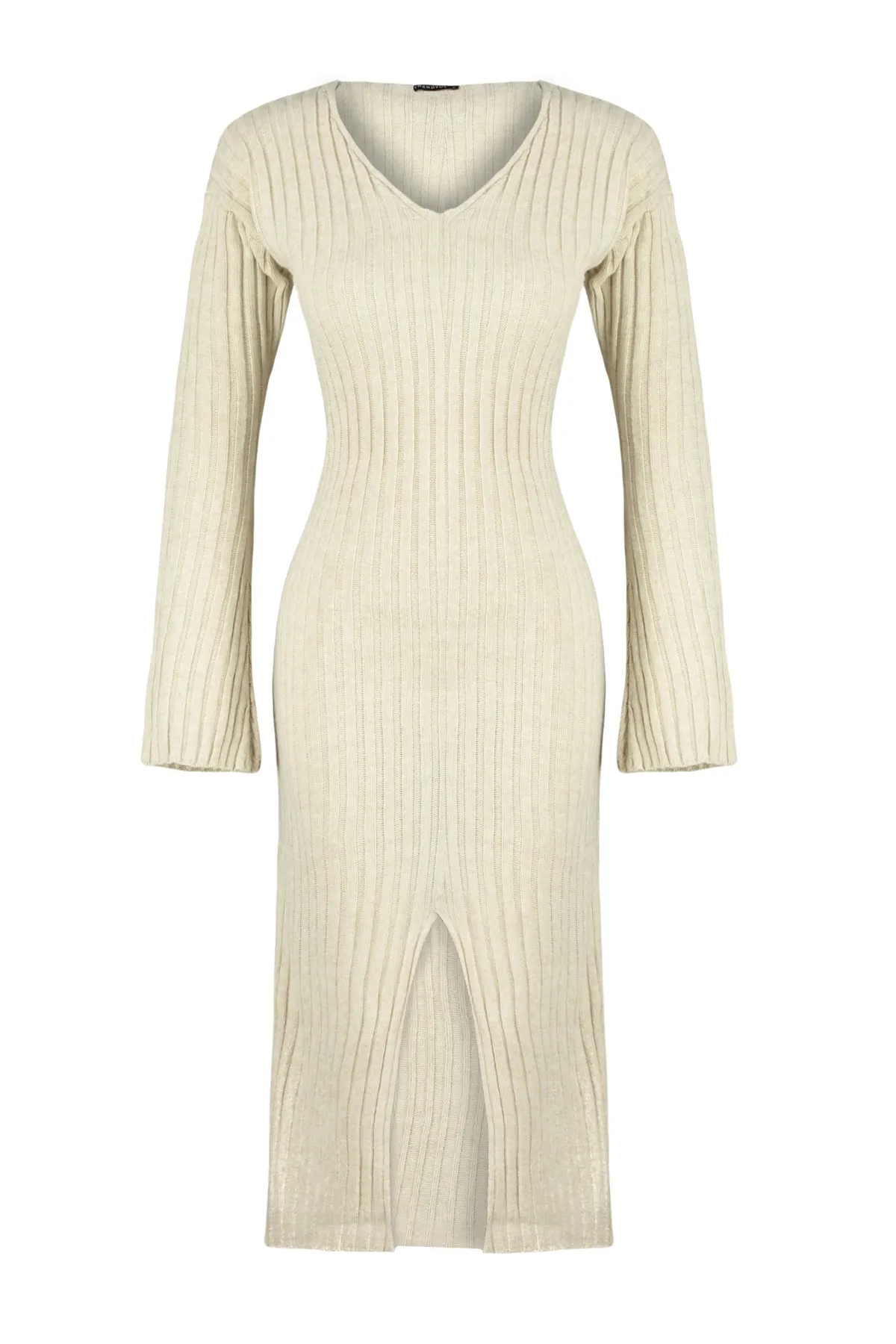 Trendyol Collection  Steinfarbenes Midi-Strickkleid mit V-Ausschnitt TWOAW24EL00066